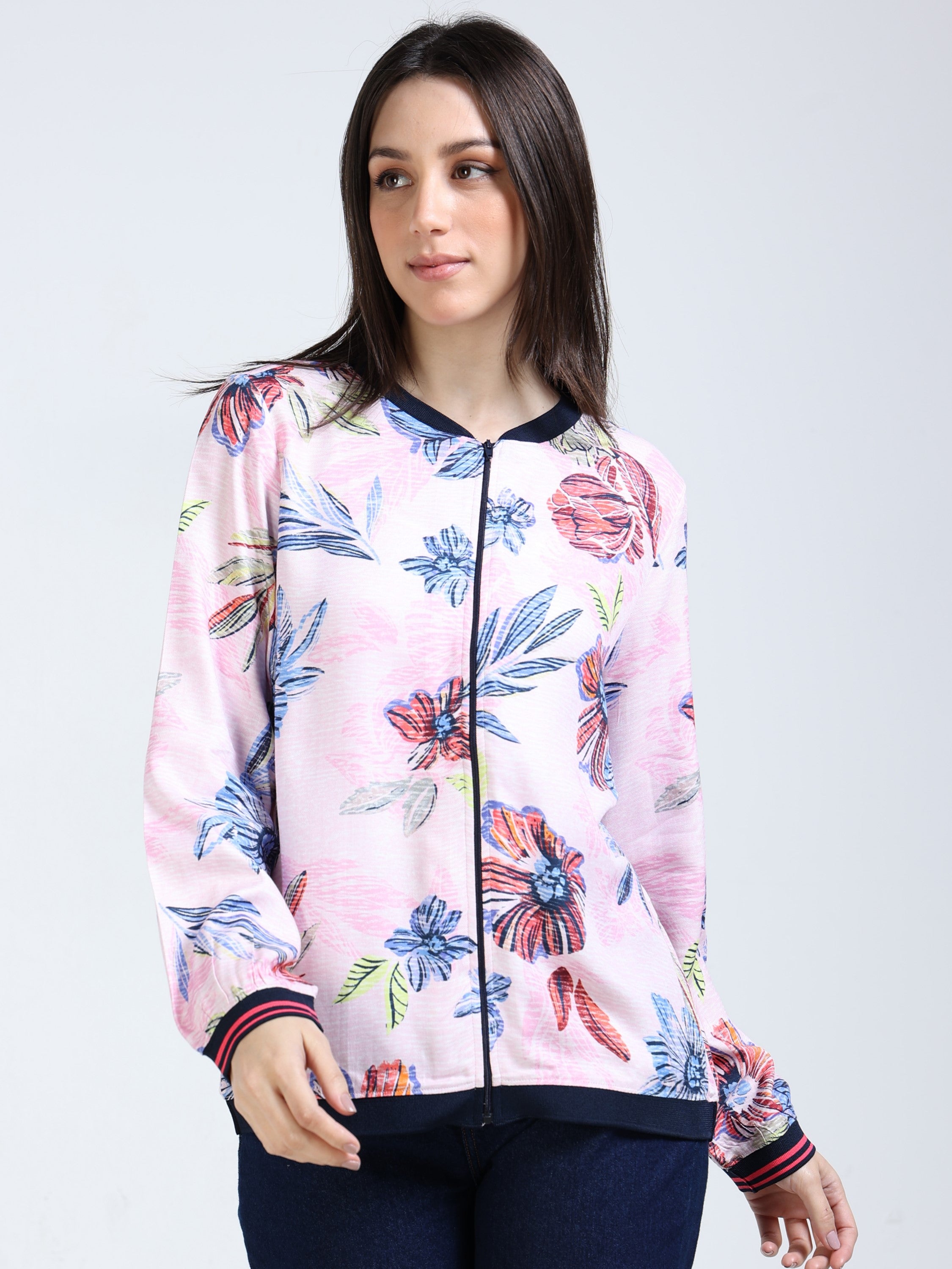 Women Pink Printed Relaxed Fit Jacket
