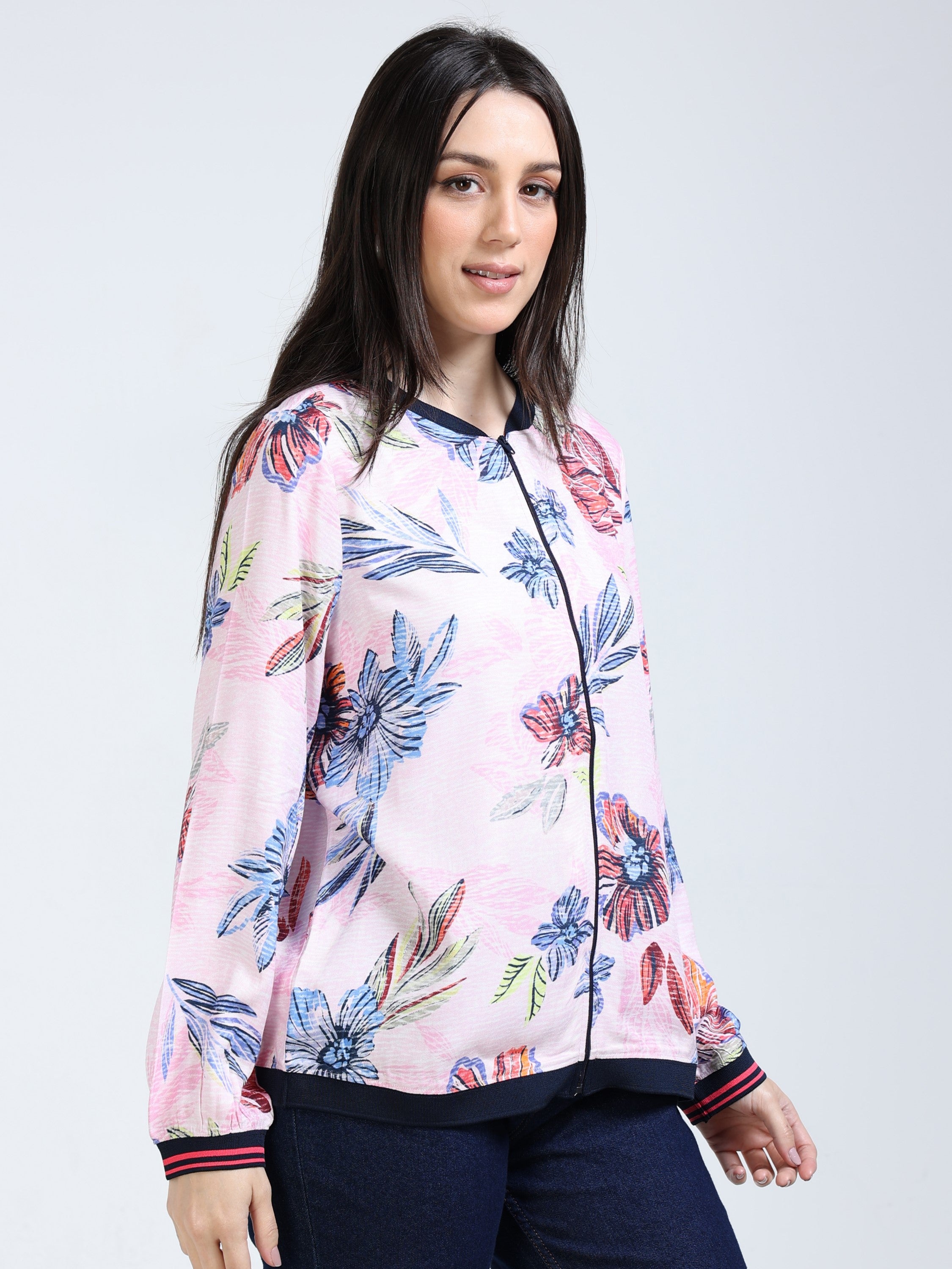 Women Pink Printed Relaxed Fit Jacket