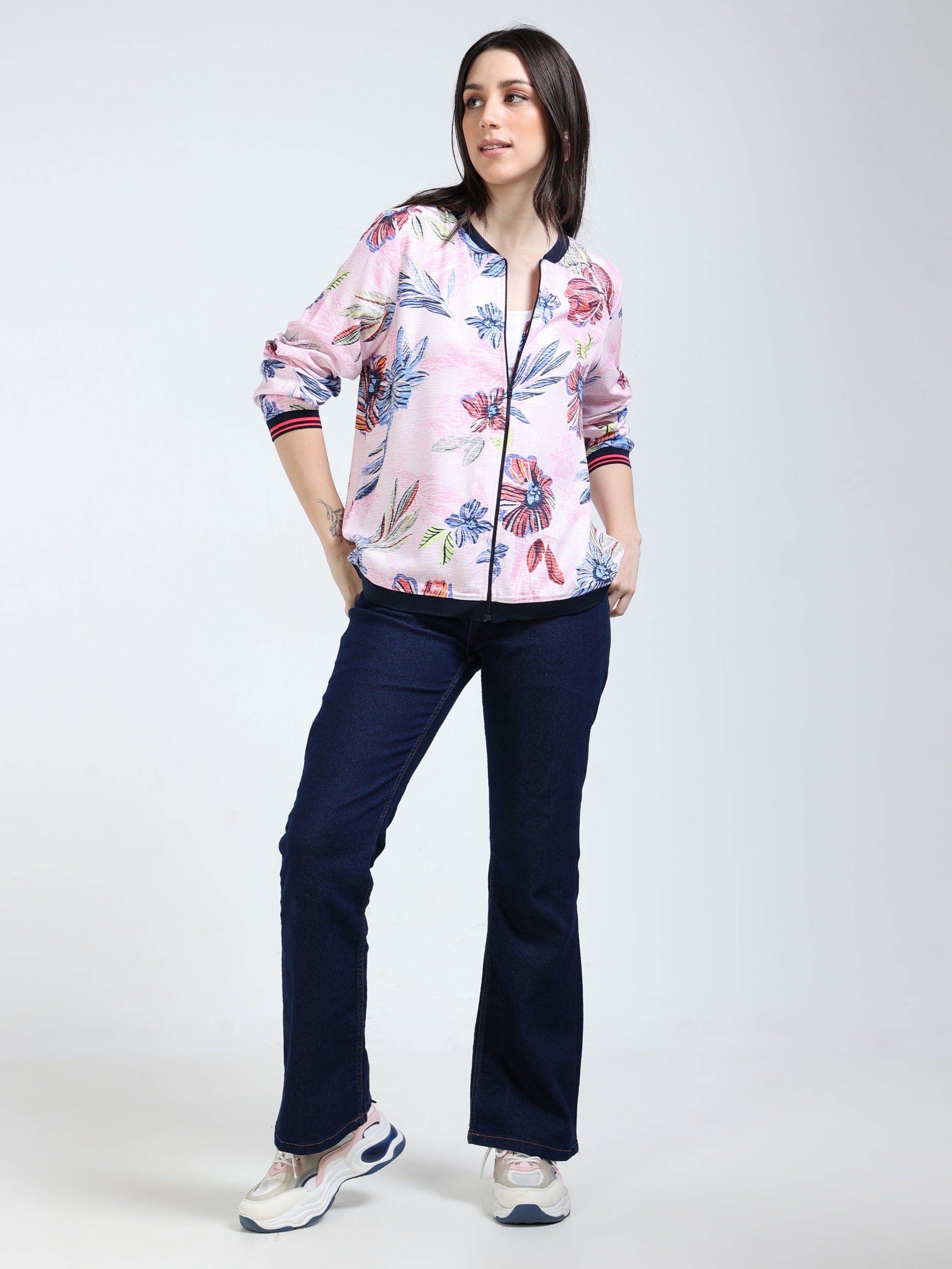 Women Pink Printed Relaxed Fit Jacket