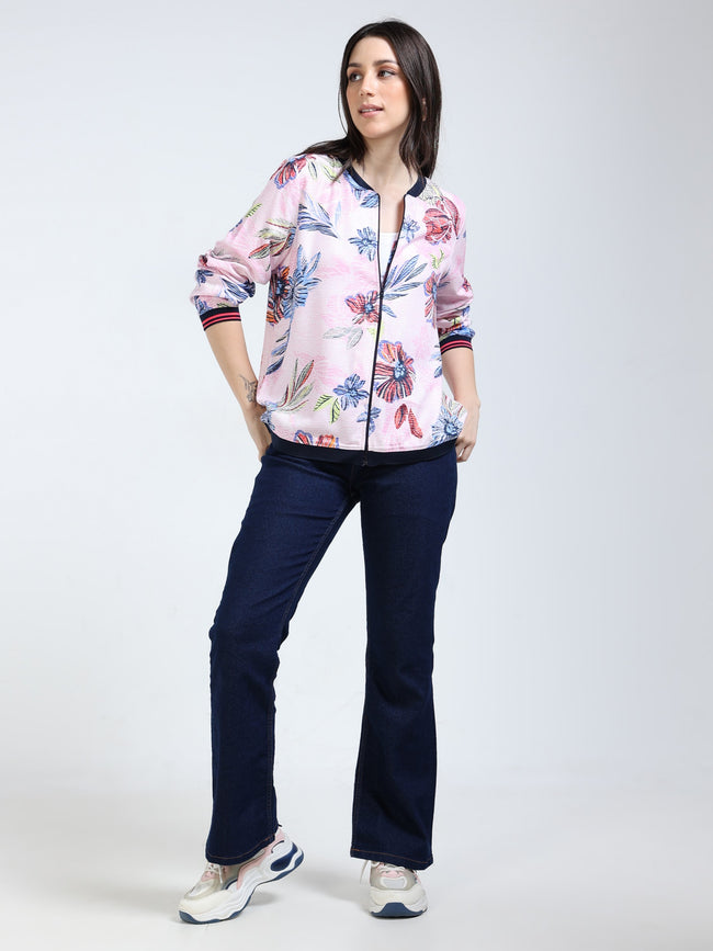 Women Pink Printed Relaxed Jacket