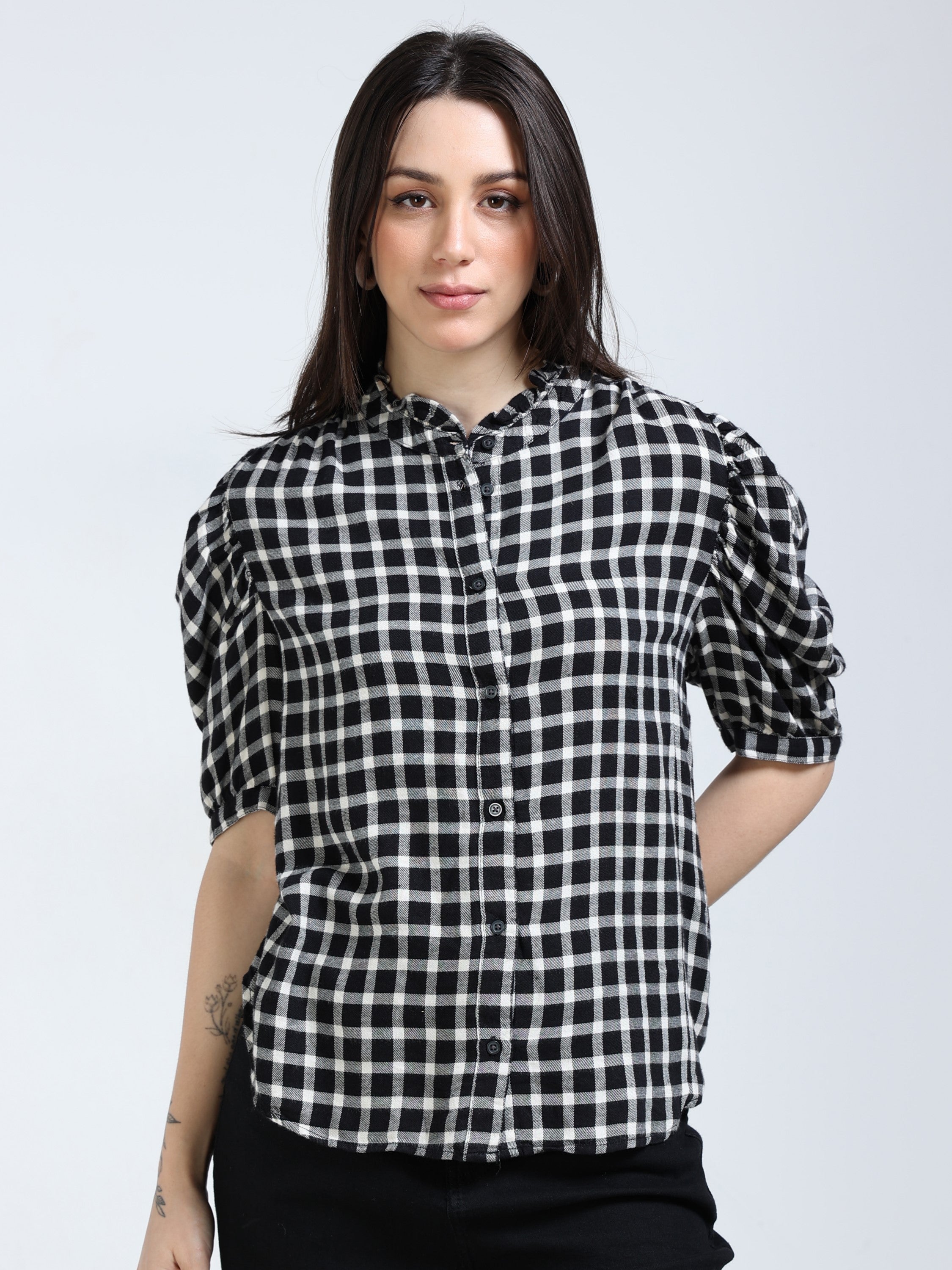 Women Black & White Brushed Cotton Shirt
