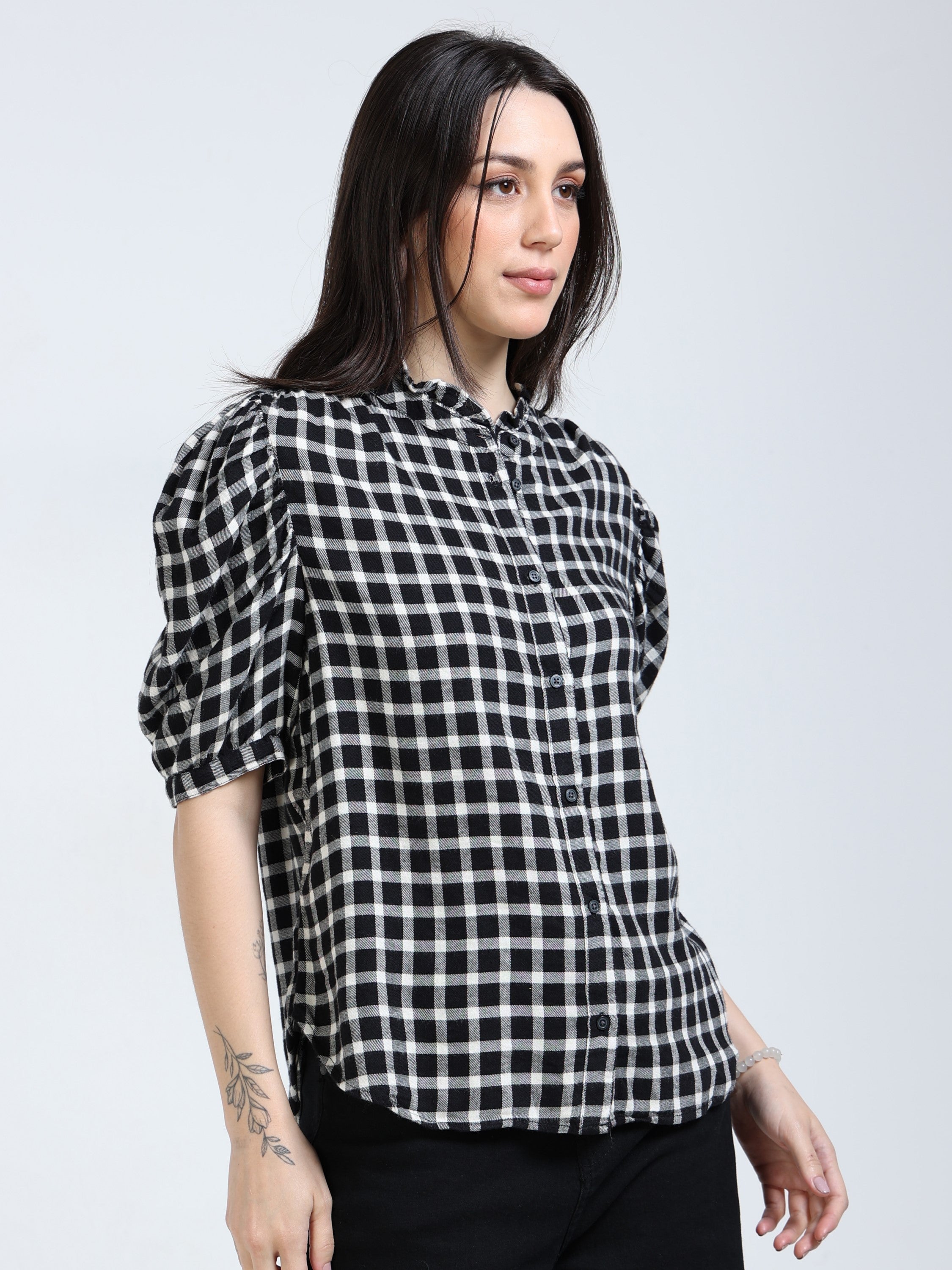 Women Black & White Brushed Cotton Shirt