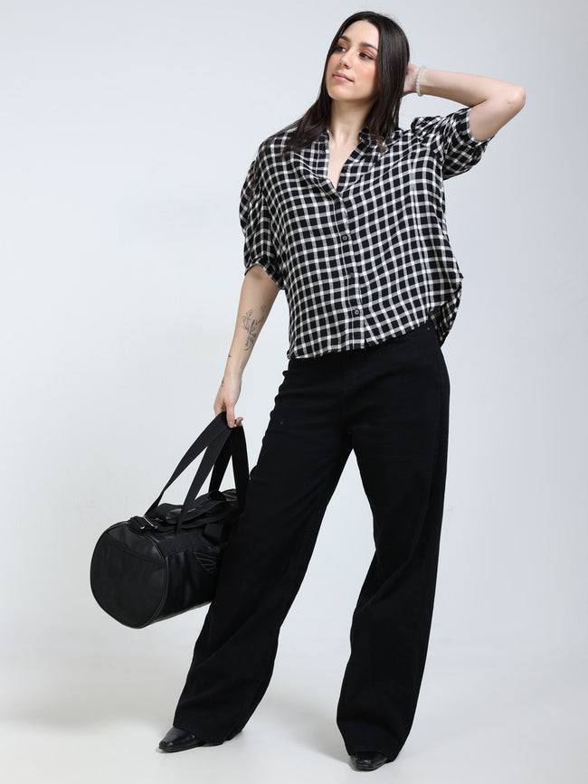 Women Black & White Brushed Cotton Shirt
