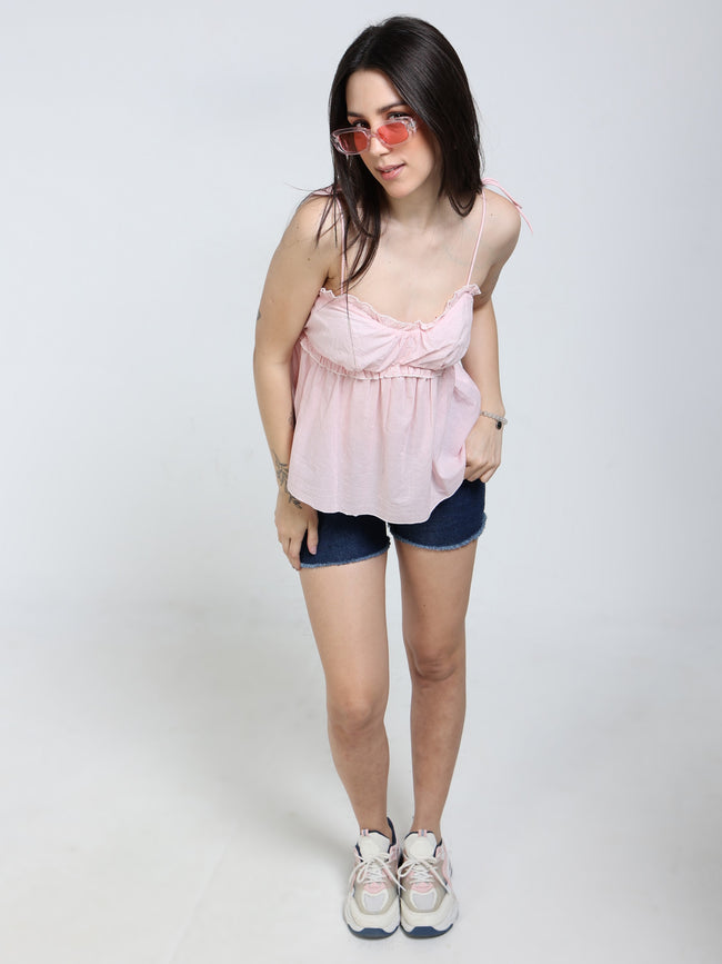 Women Pink Pleated Neck Top