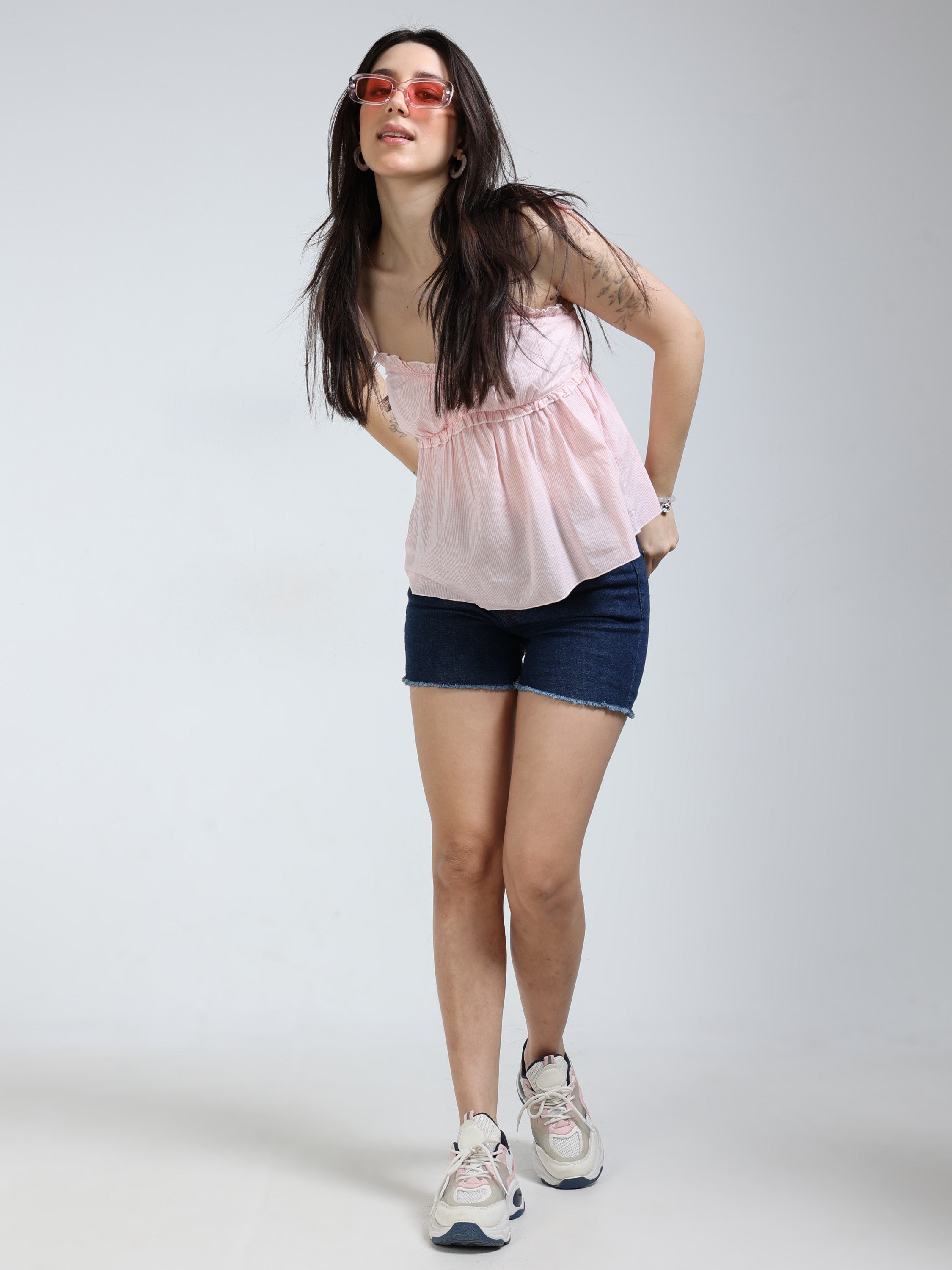 Women Pink Pleated Neck Top