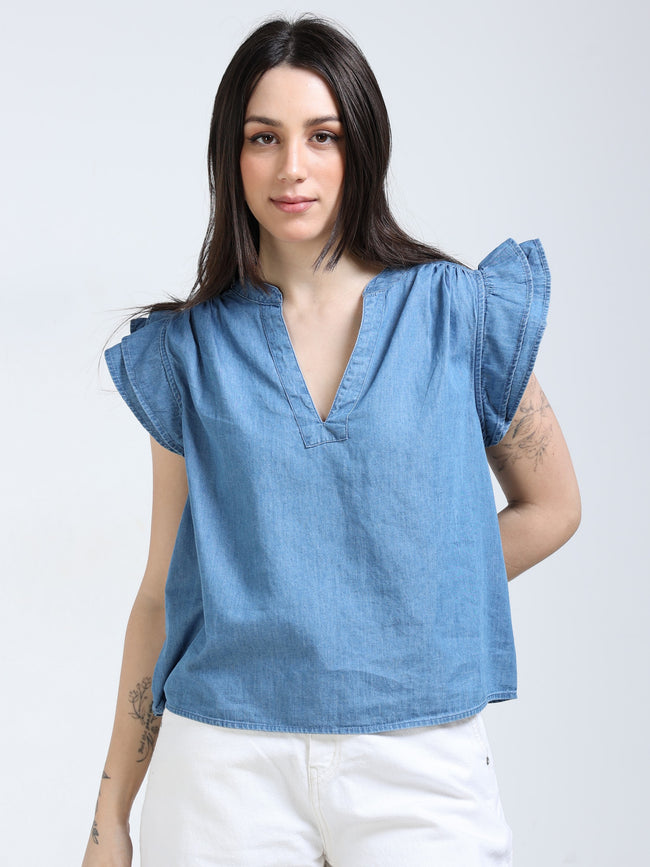 Women Blue Double Cloth Cotton Top
