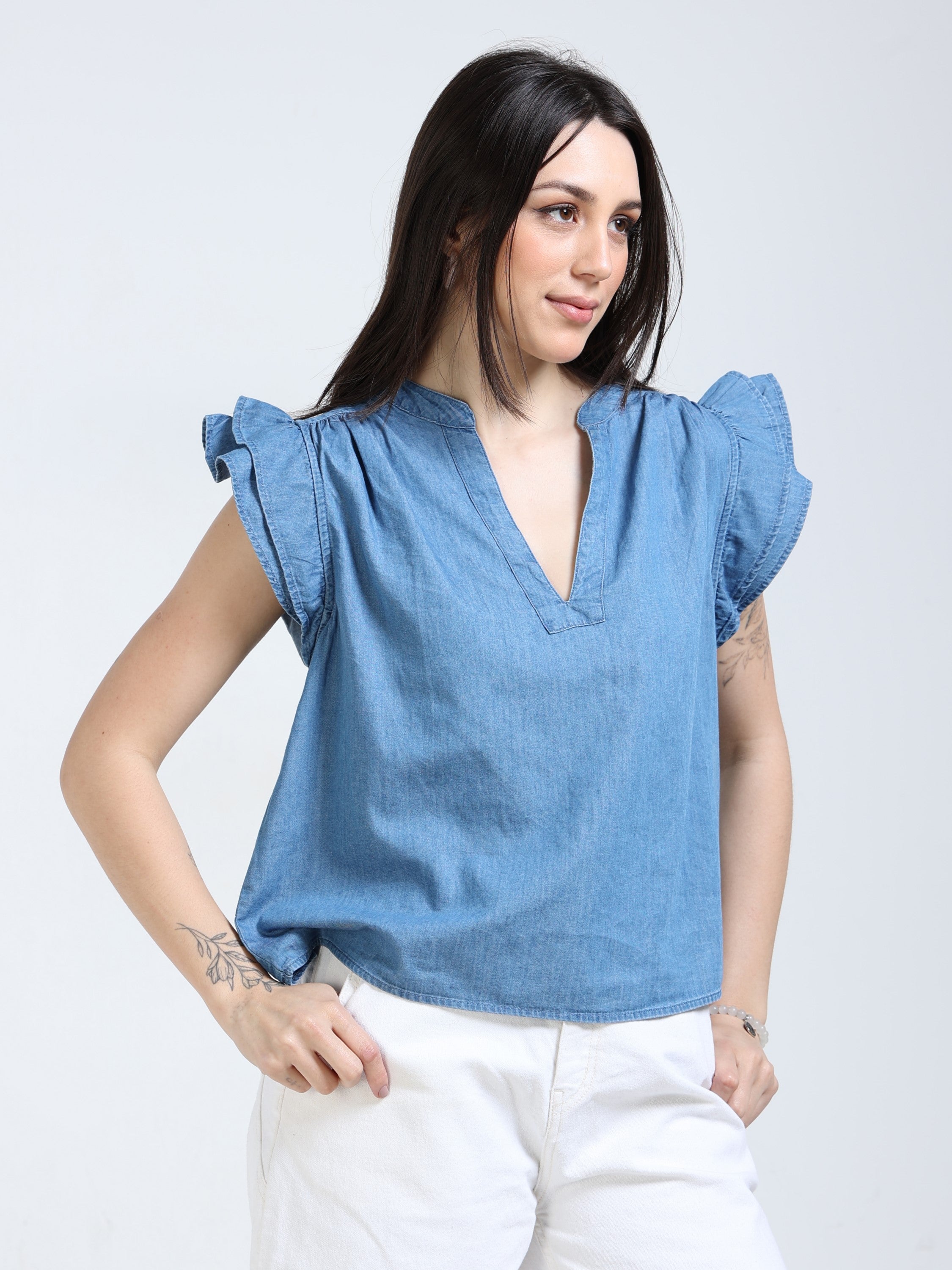 Women Blue Double Cloth Cotton Top