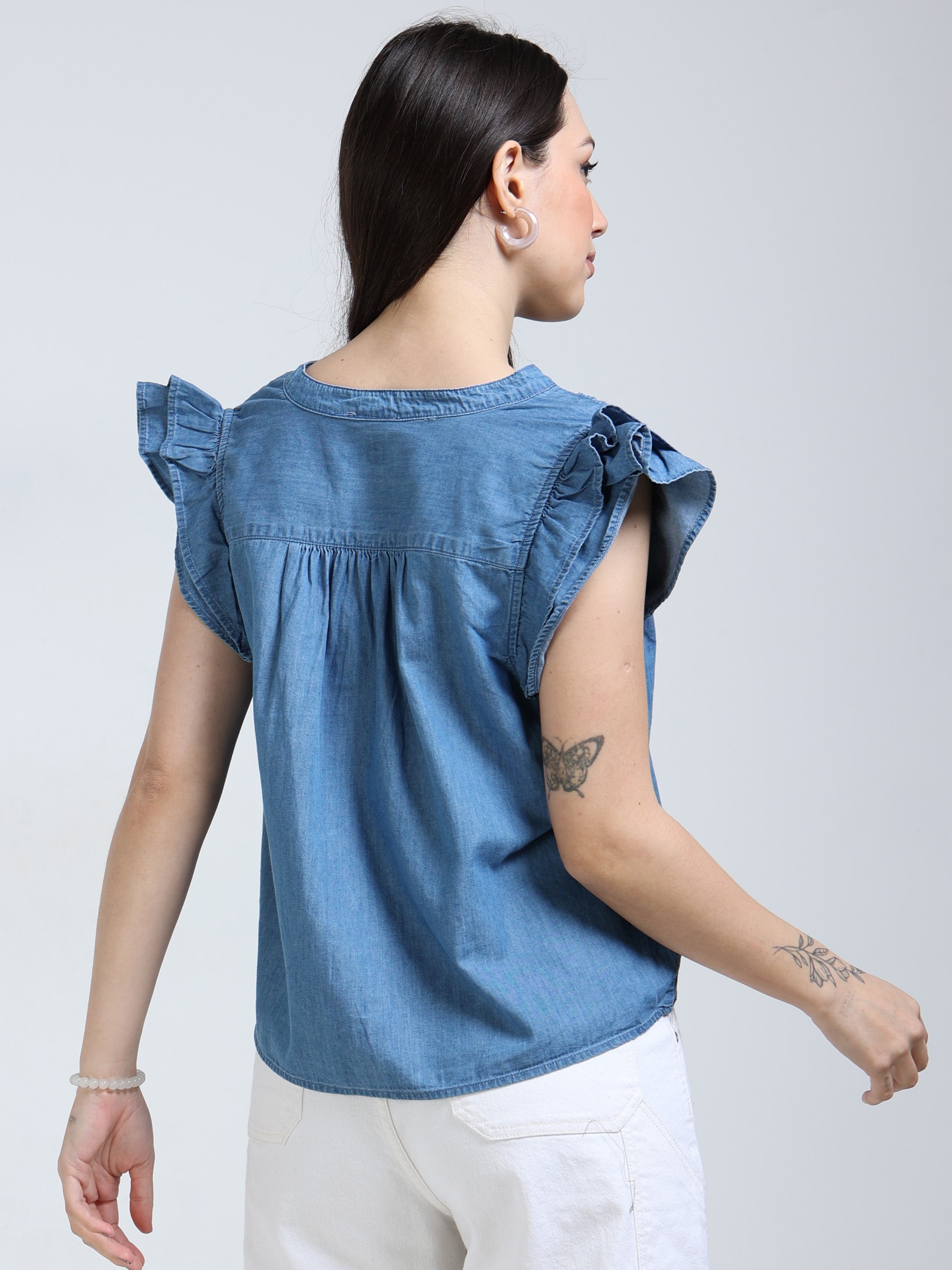 Women Blue Double Cloth Cotton Top