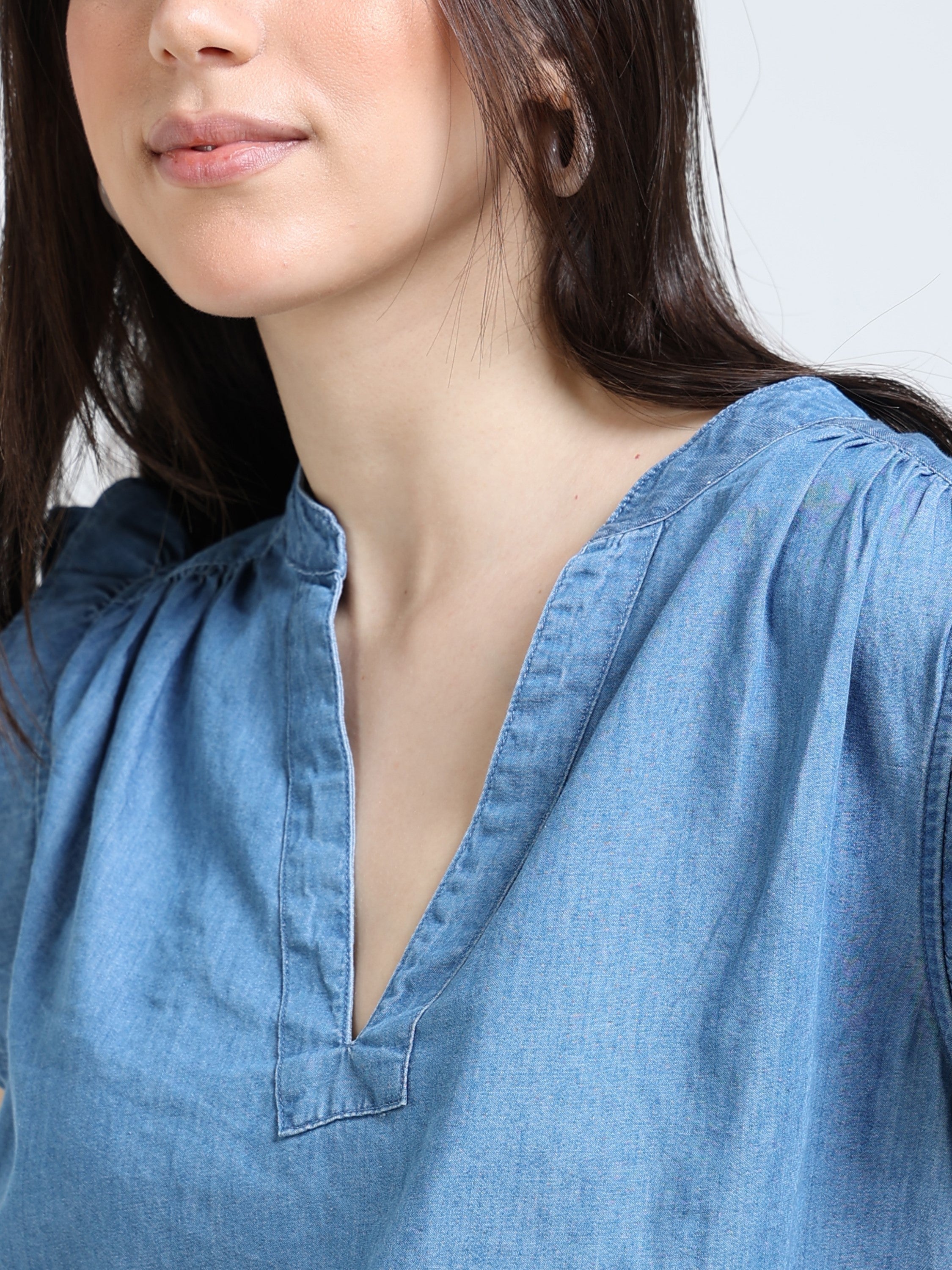 Women Blue Double Cloth Cotton Top
