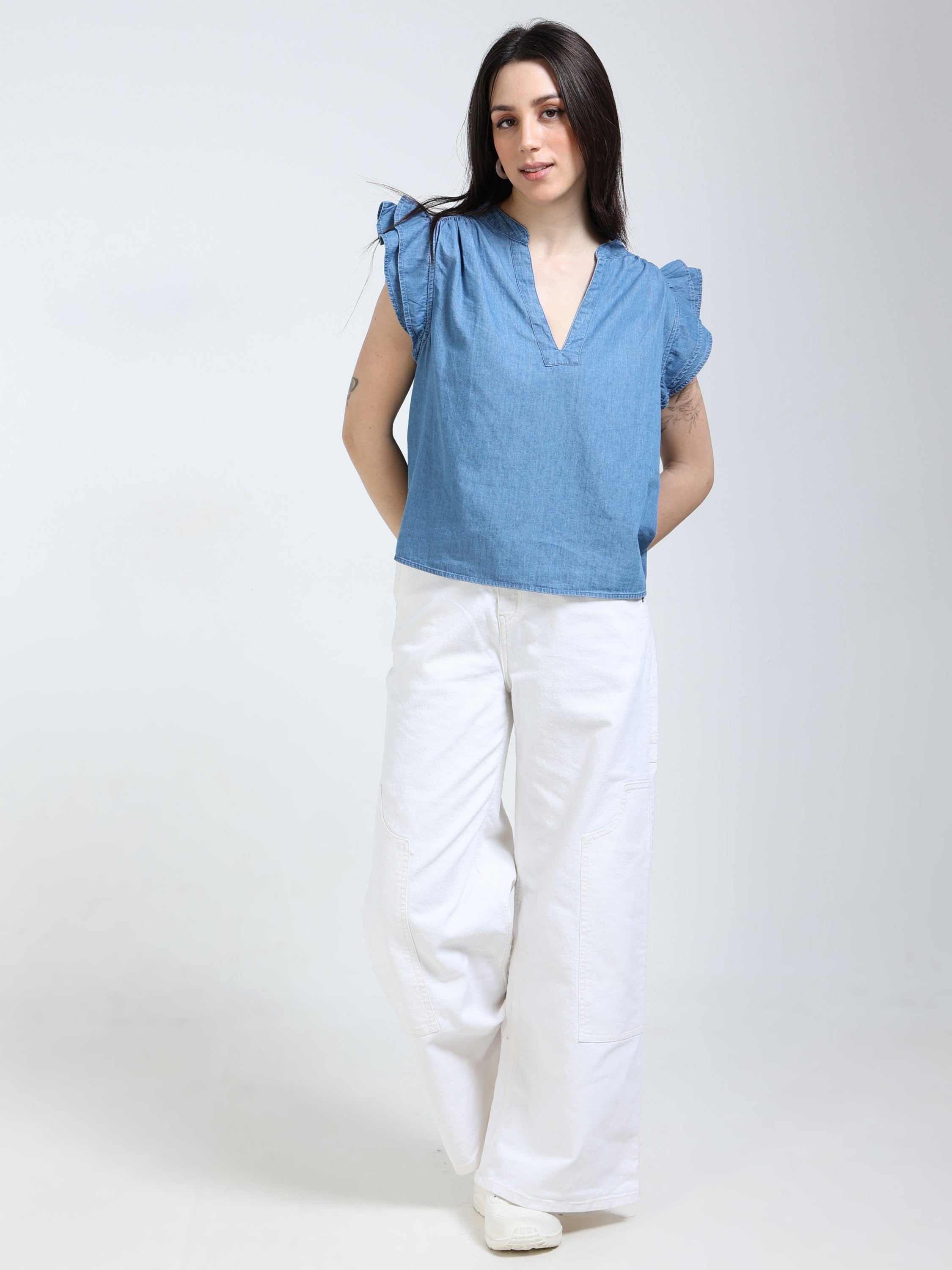 Women Blue Double Cloth Cotton Top