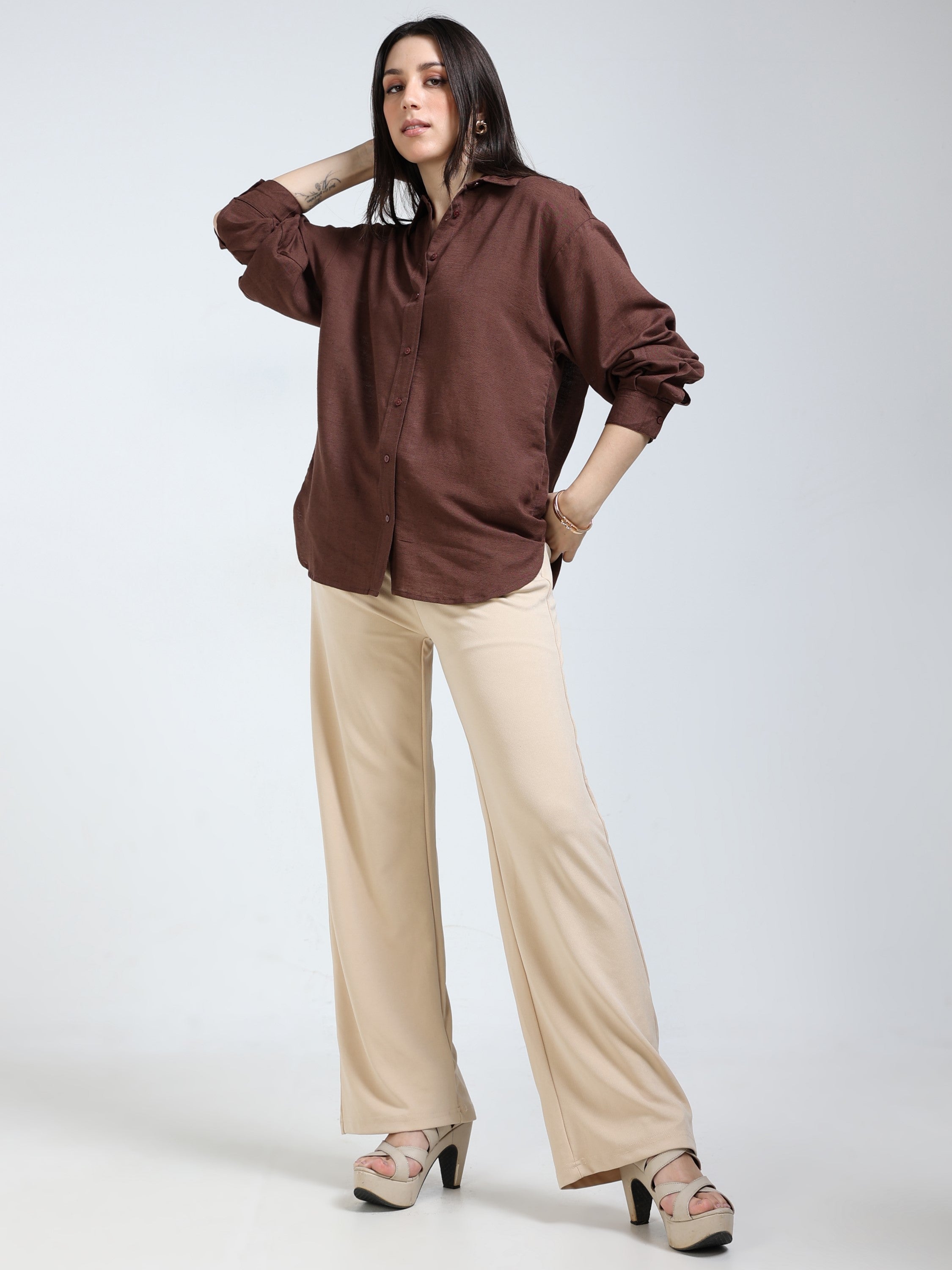 Women Brown Solid Oversized Shirt