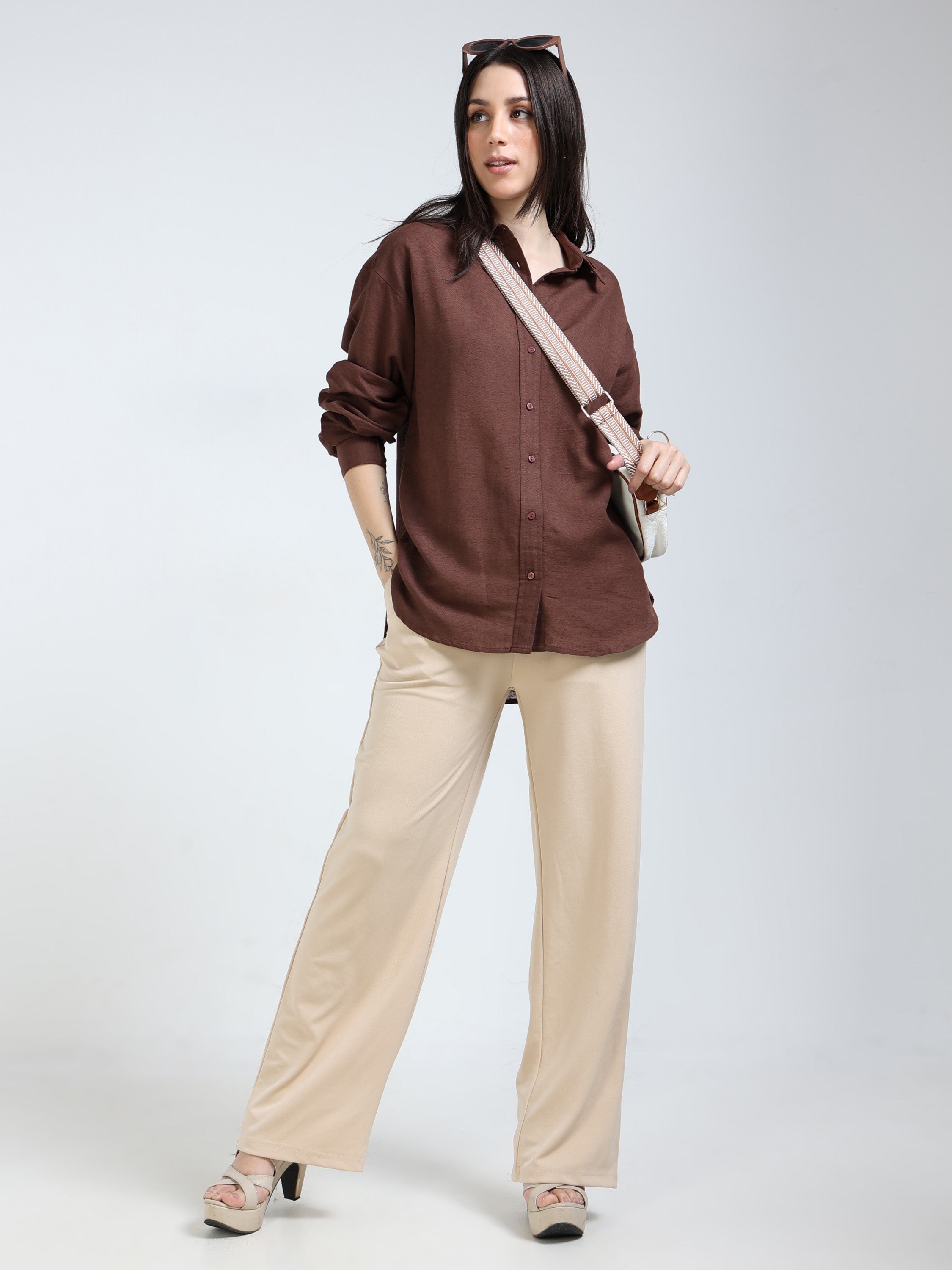 Women Brown Solid Oversized Shirt