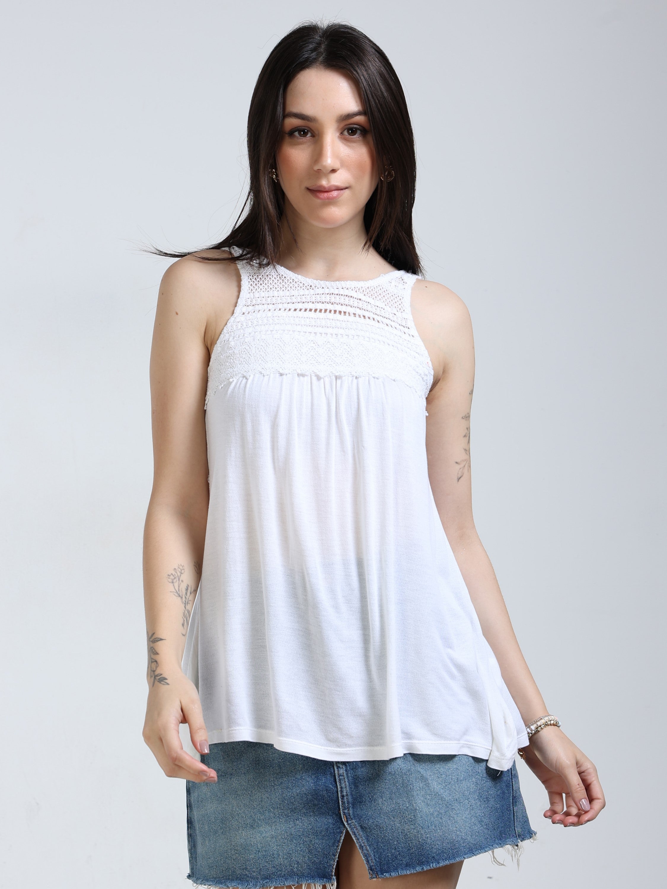 Women White Crochet Yoke Top