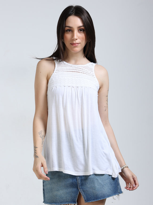 Women White Crochet Yoke Top