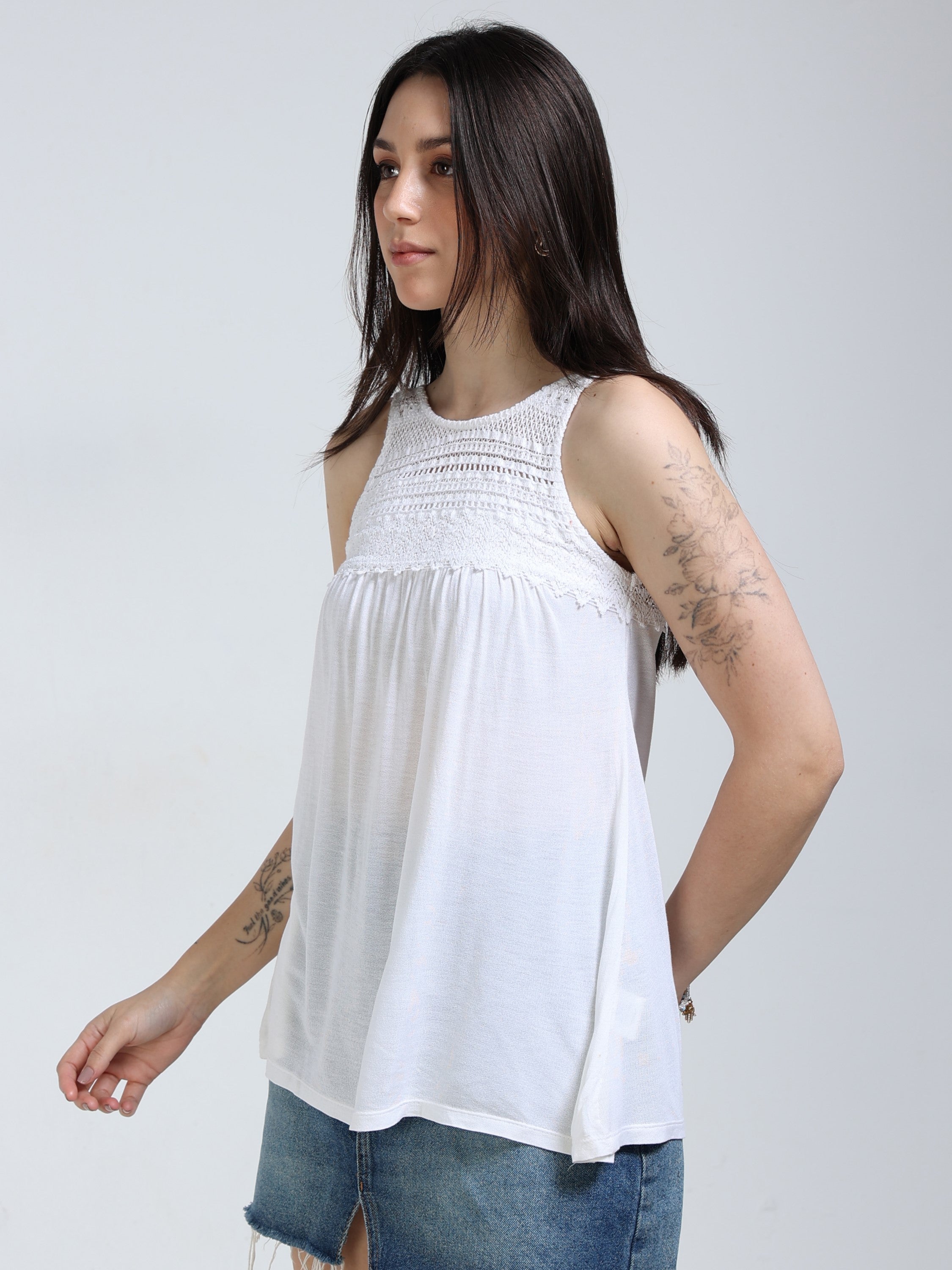 Women White Crochet Yoke Top