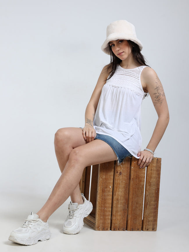 Women White Crochet Yoke Top
