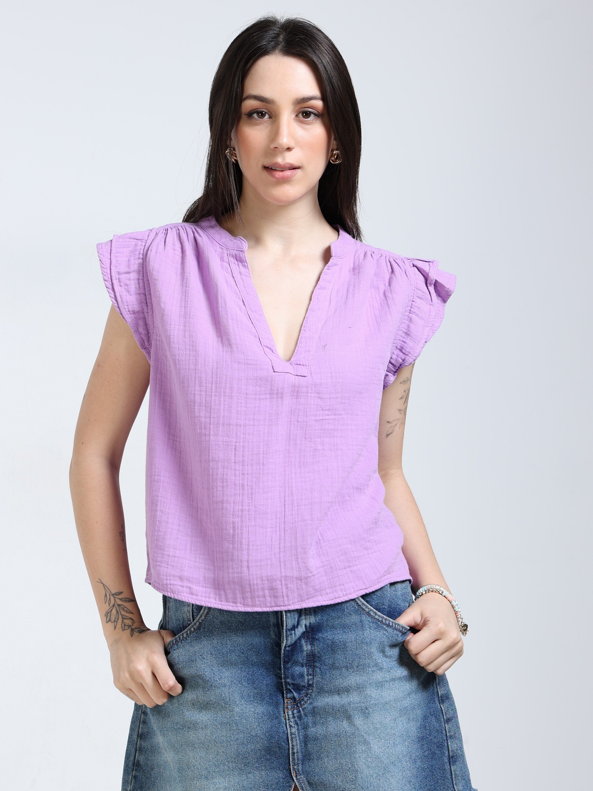 Women Lilac Double Cloth Cotton Top