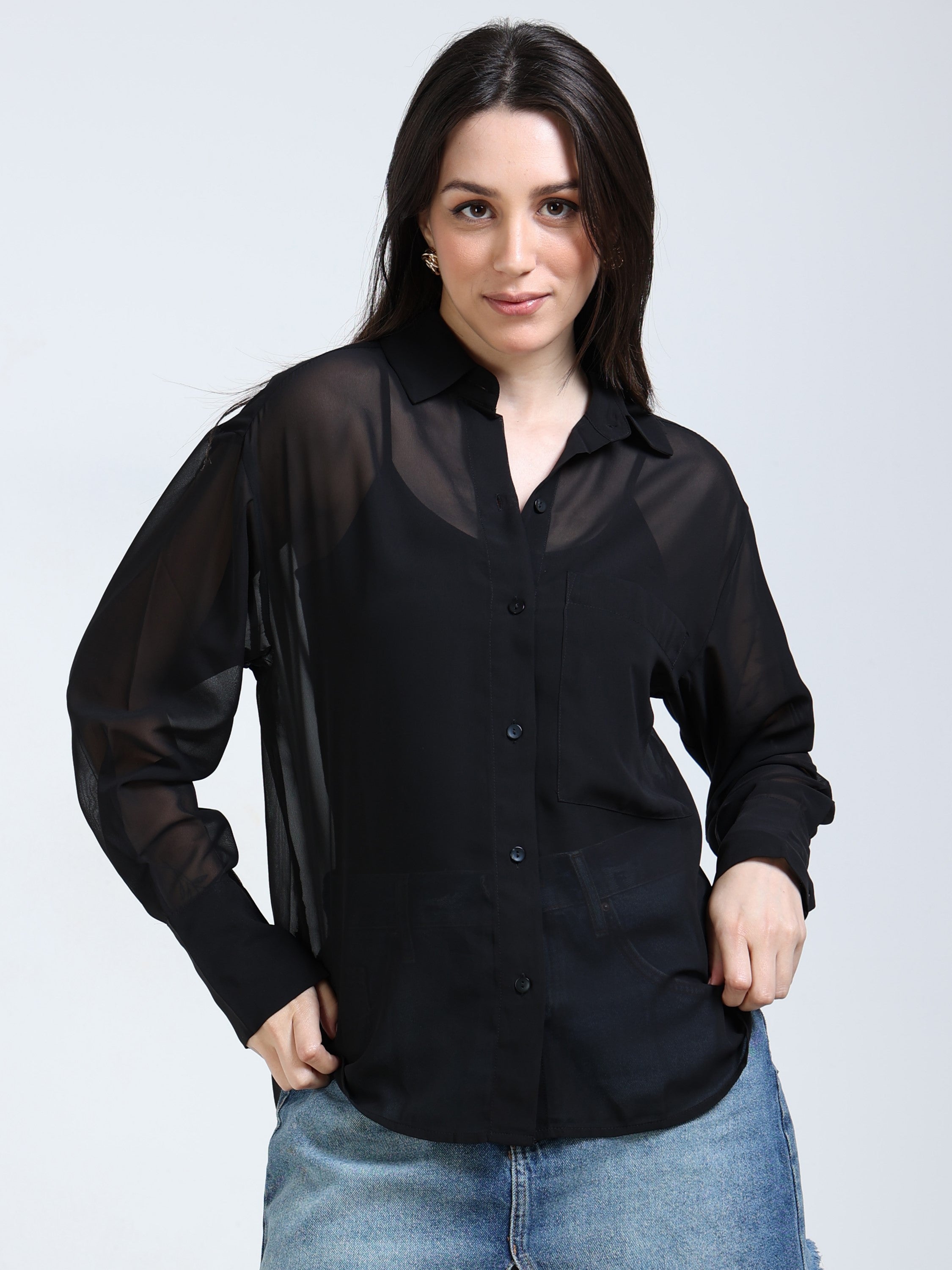 Women Black See-Through Party Shirt