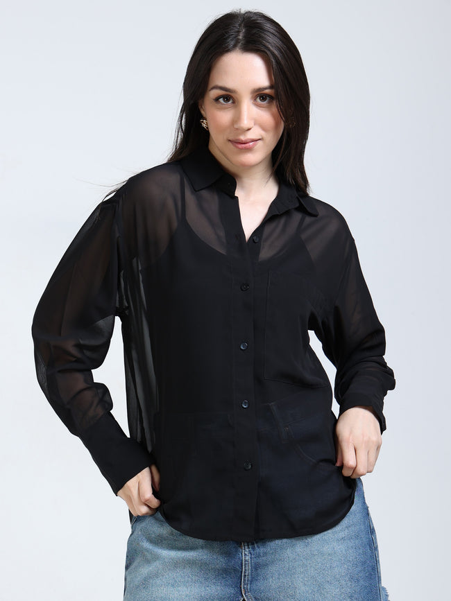 Women Black See-Through Party Shirt