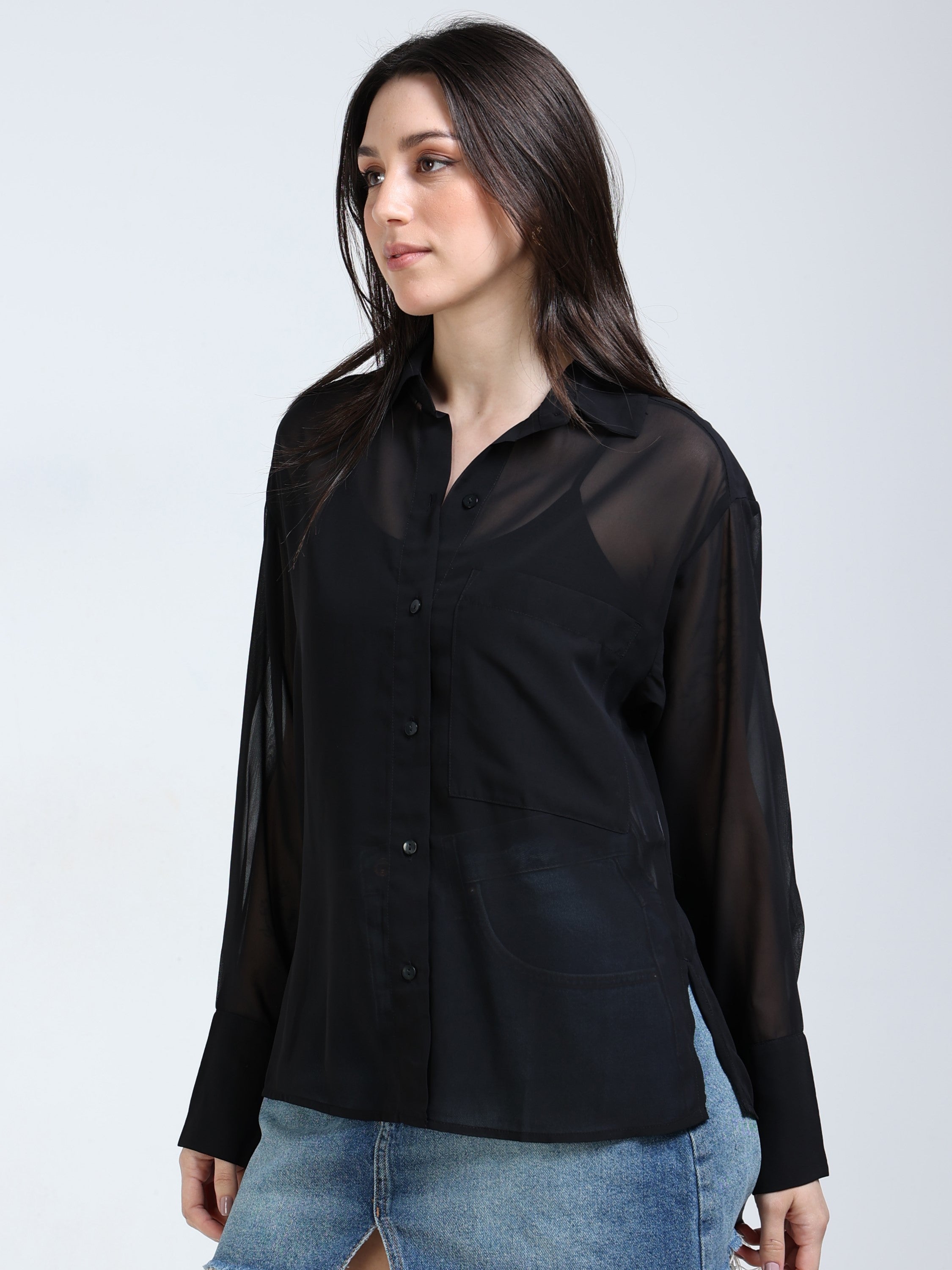 Women Black See-Through Party Shirt