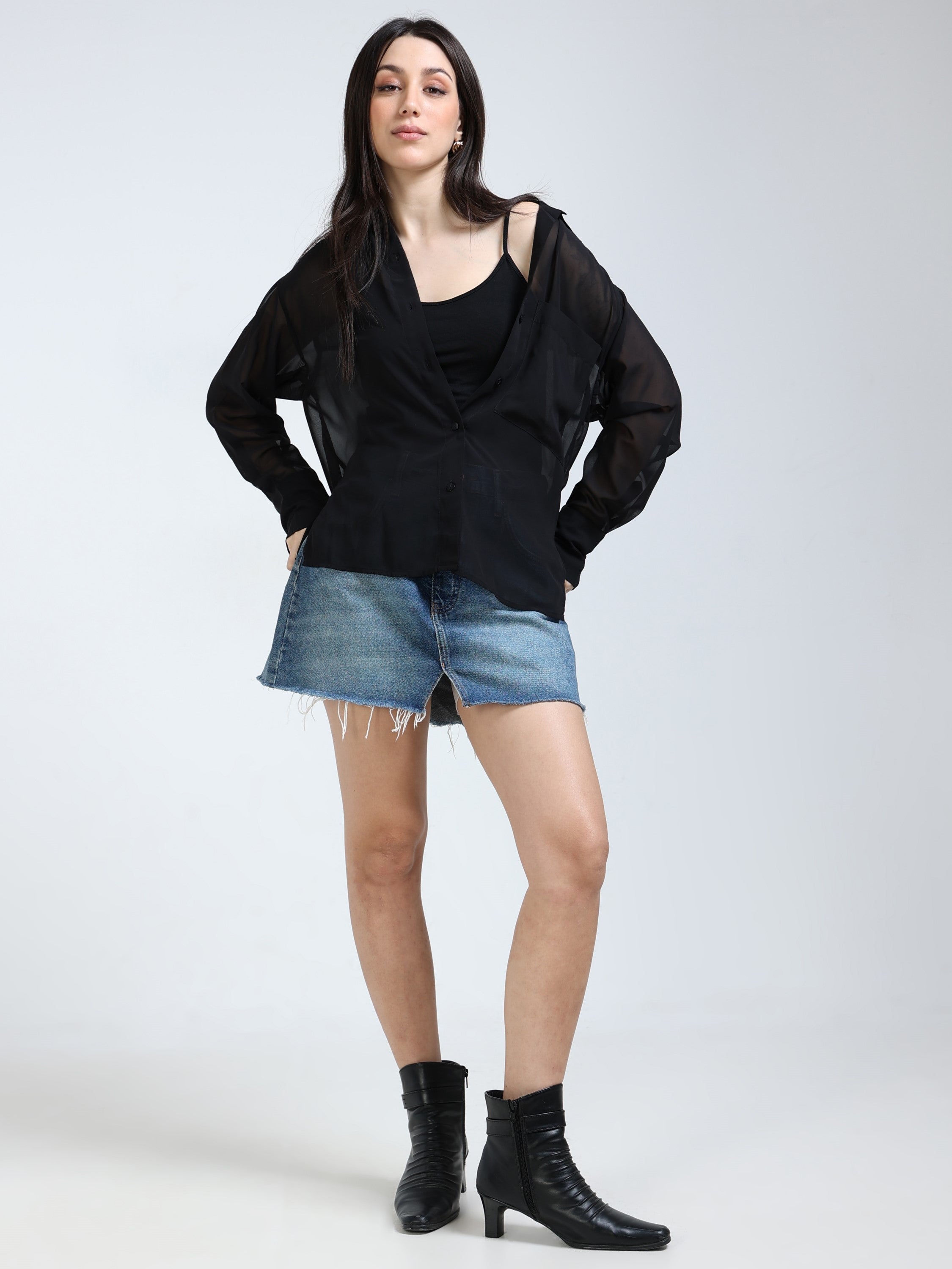 Women Black See-Through Party Shirt