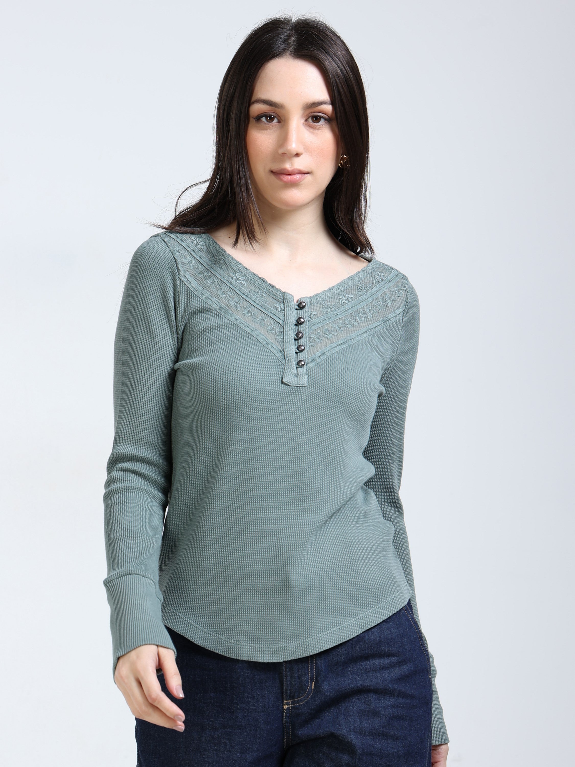 Women Green Embroidered Washed Top