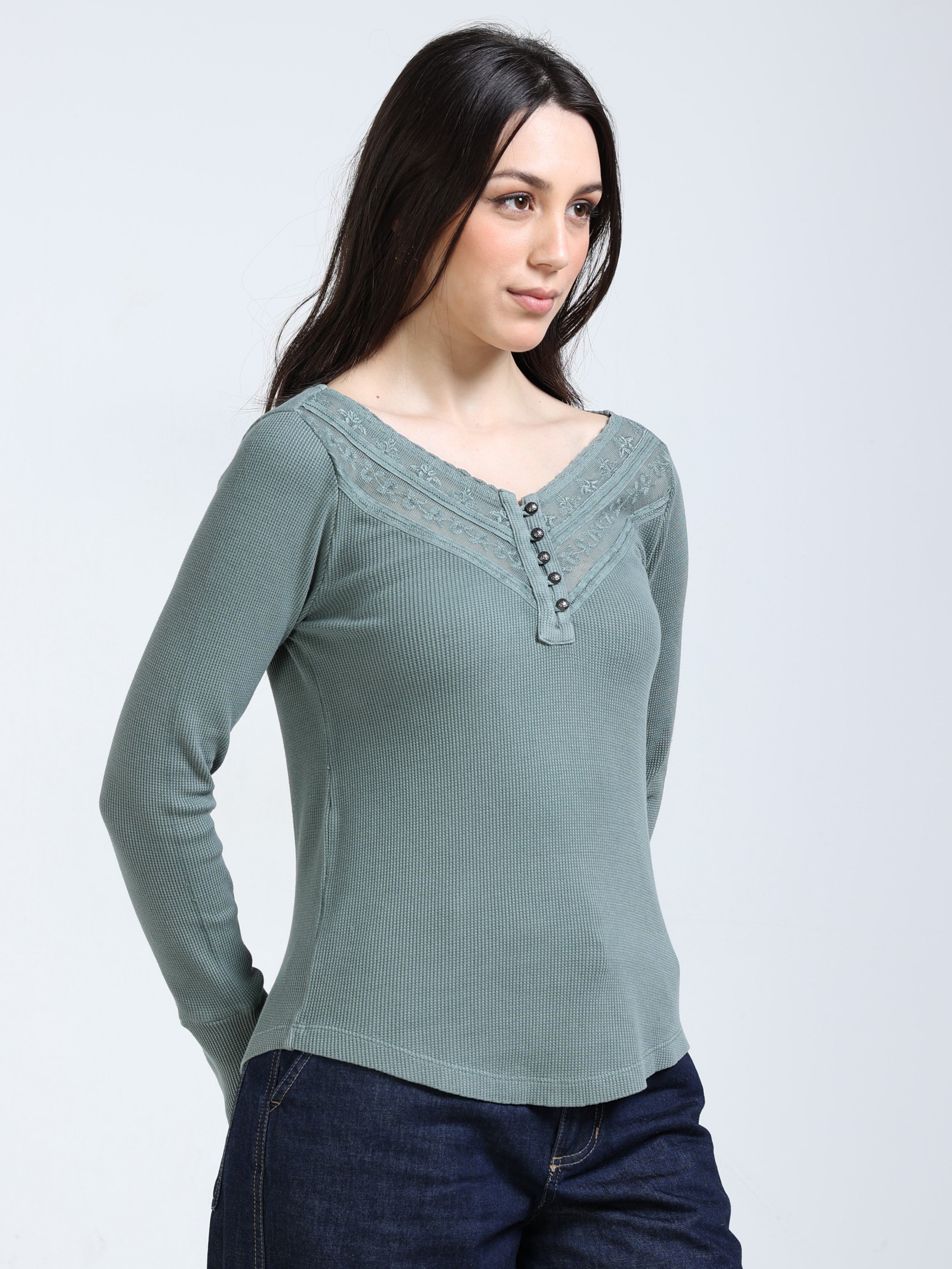 Women Green Embroidered Washed Top