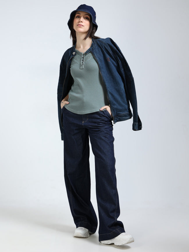Women Green Embroidered Washed Top