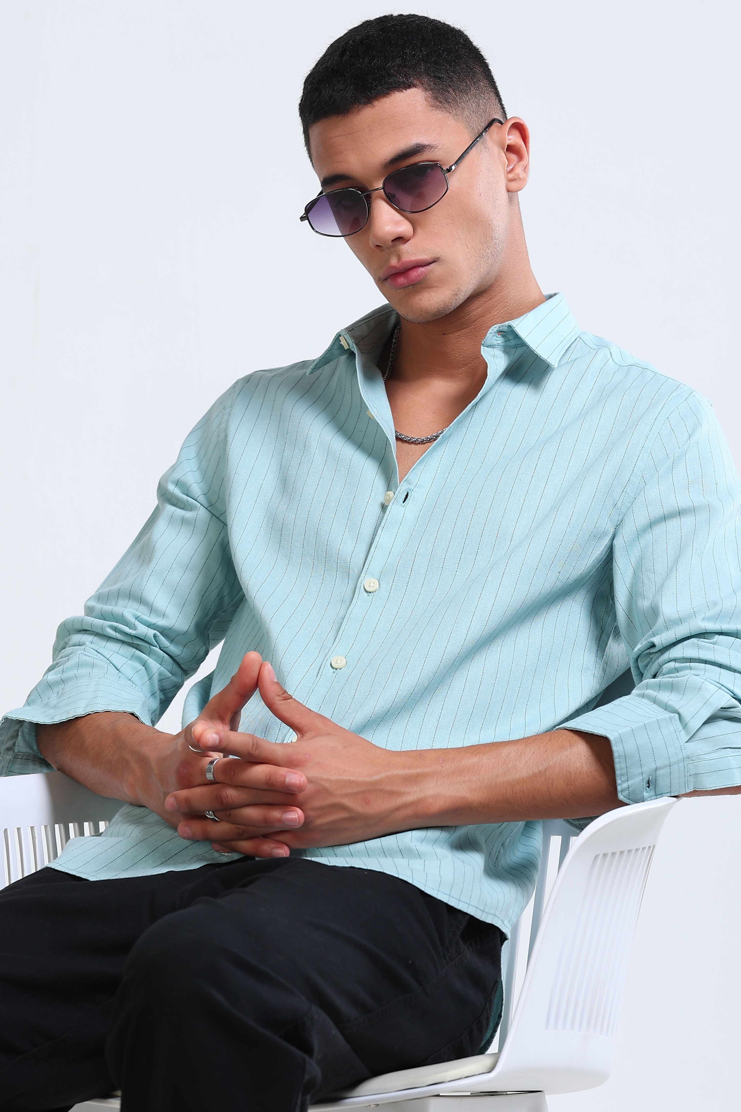 Men Blue Cotton Linen Striped Shirt