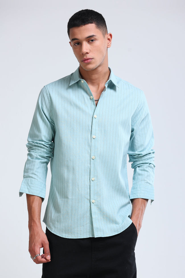 Men Blue Cotton Linen Striped Shirt