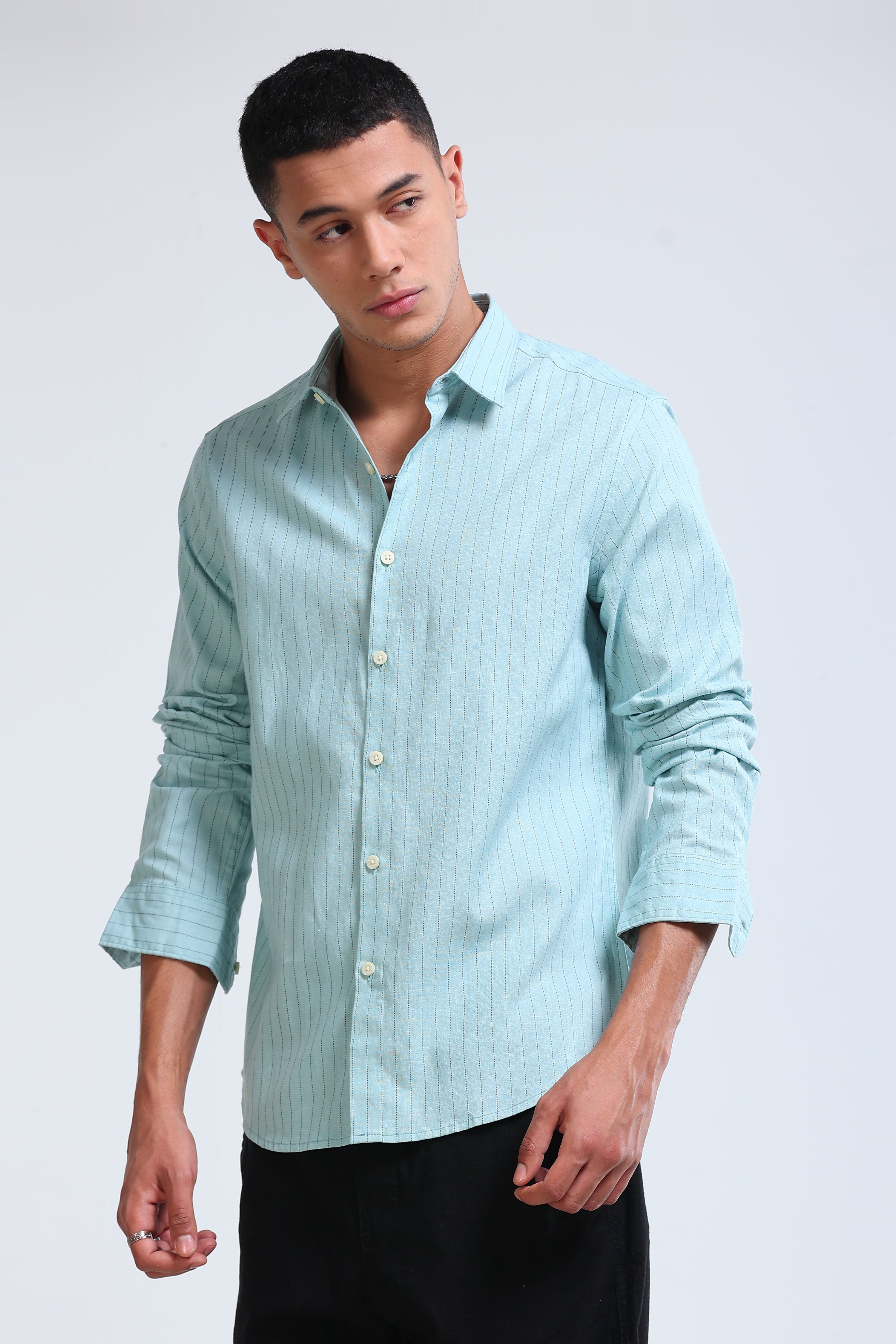 Men Blue Cotton Linen Striped Shirt