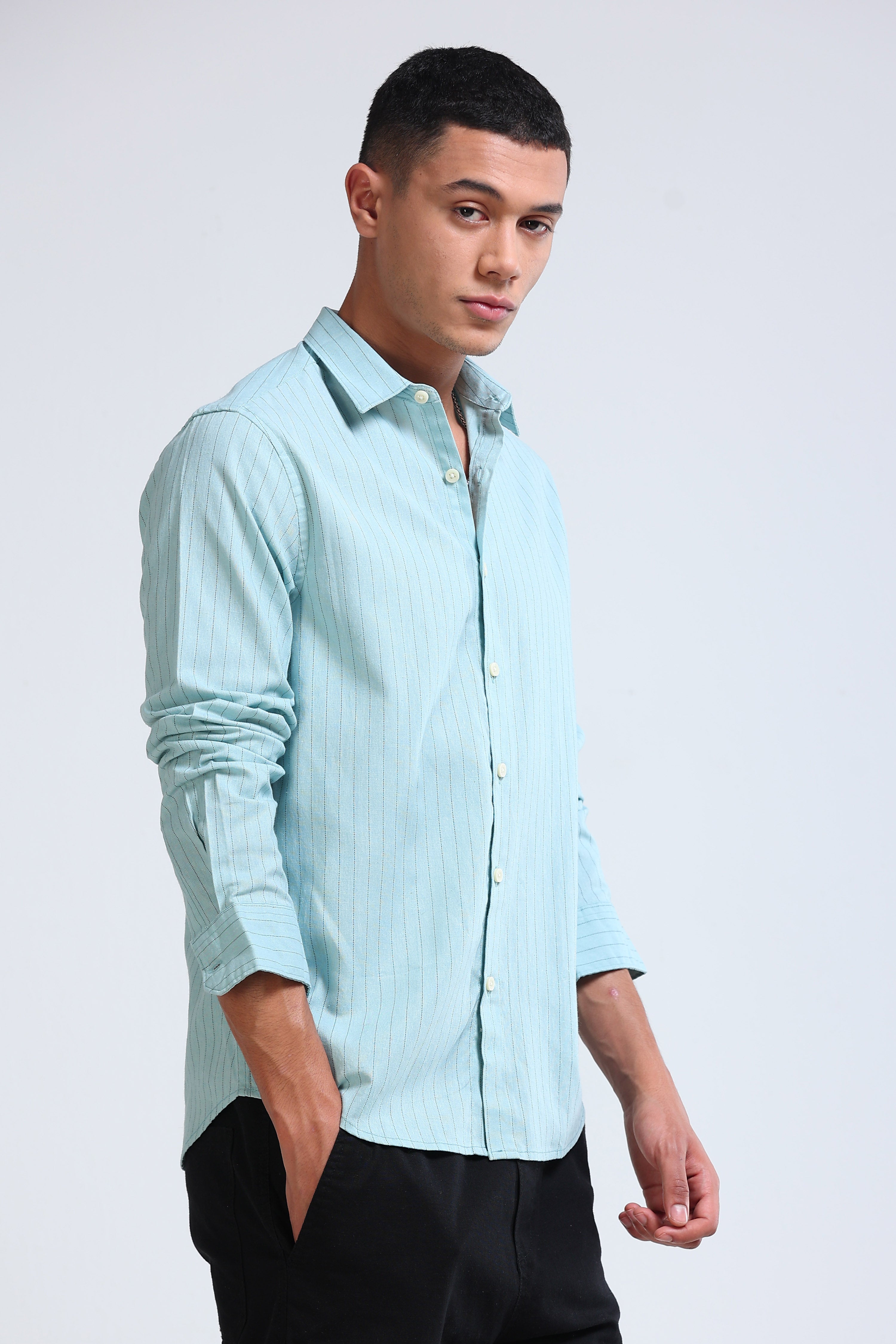 Men Blue Cotton Linen Striped Shirt