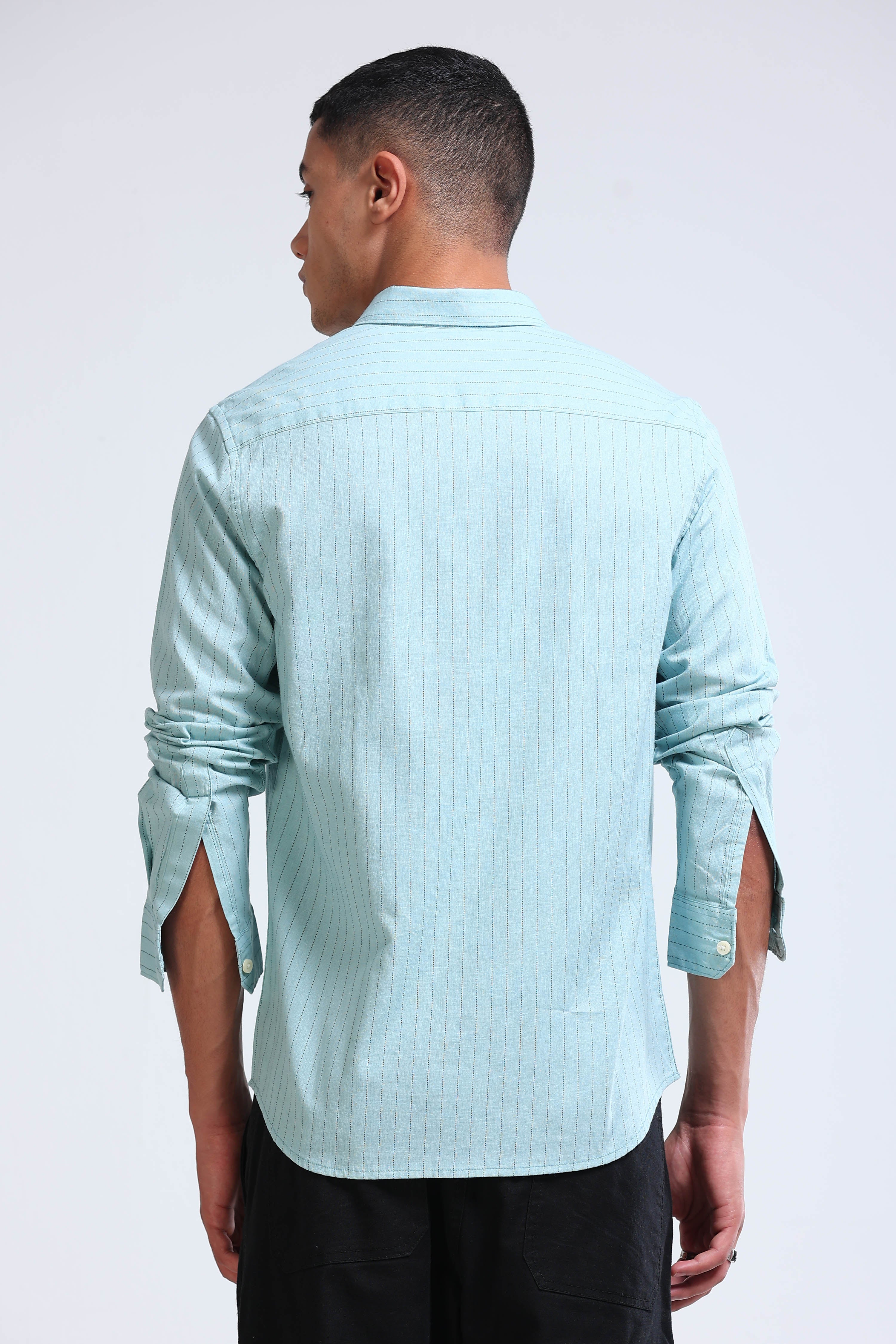 Men Blue Cotton Linen Striped Shirt
