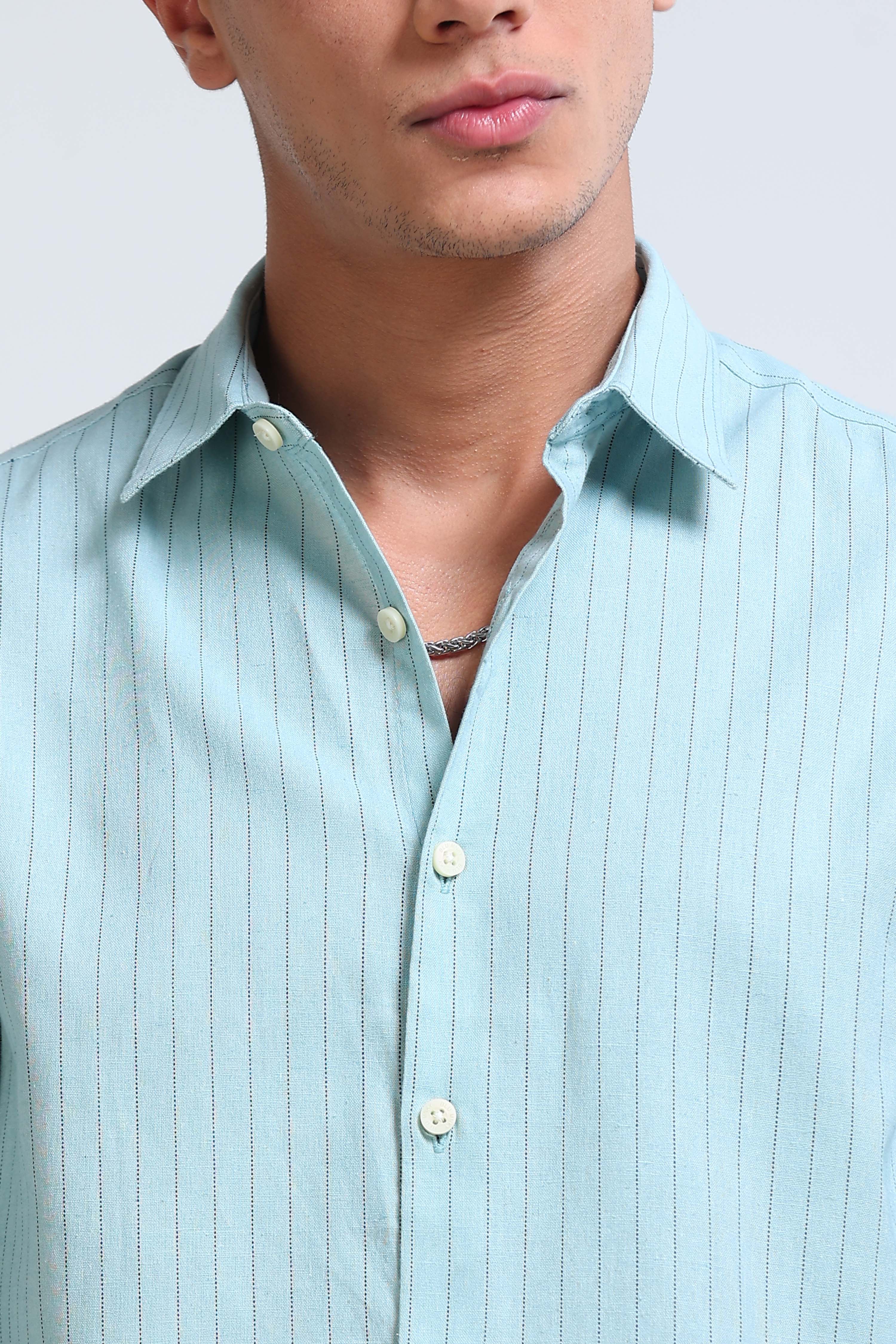 Men Blue Cotton Linen Striped Shirt