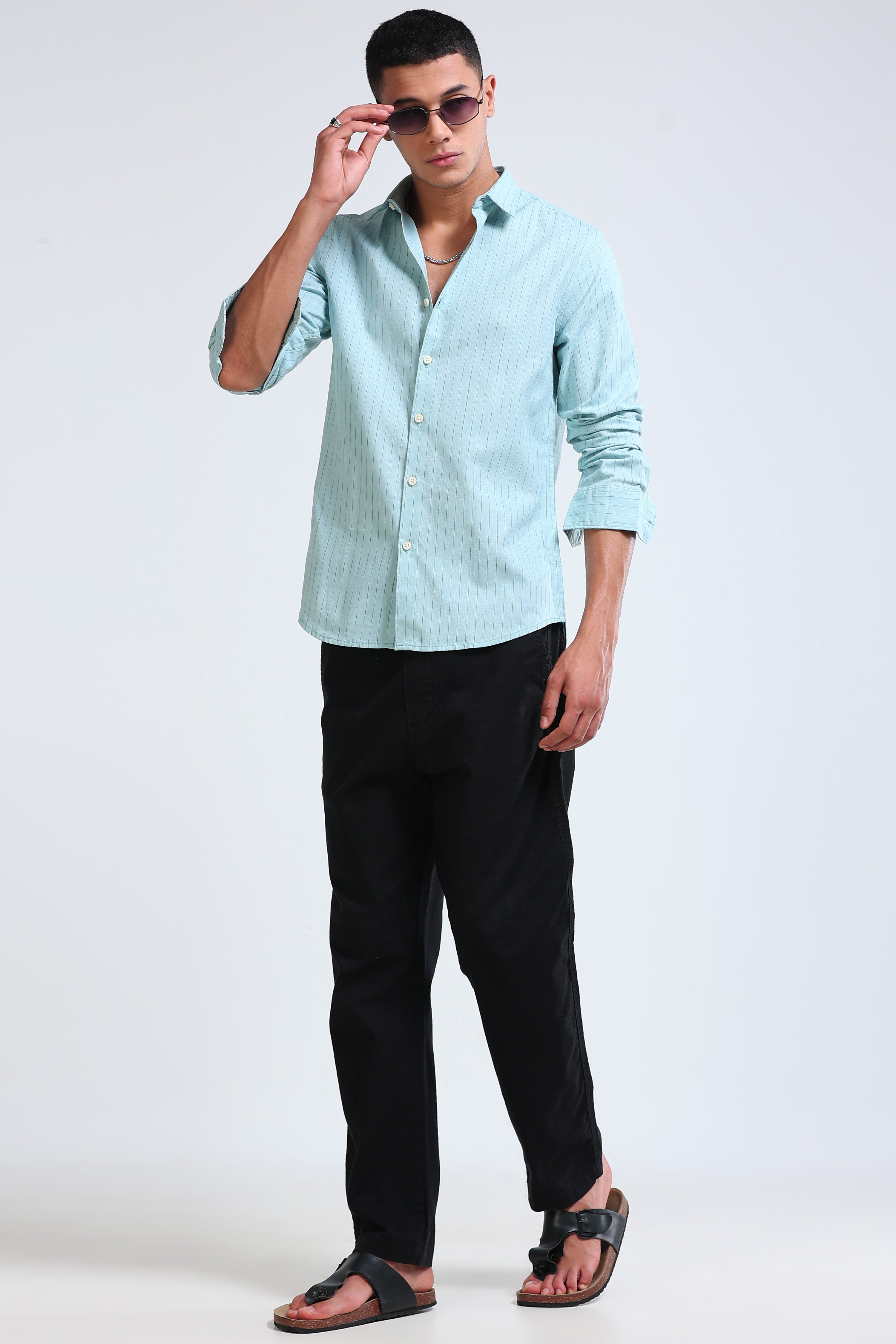 Men Blue Cotton Linen Striped Shirt