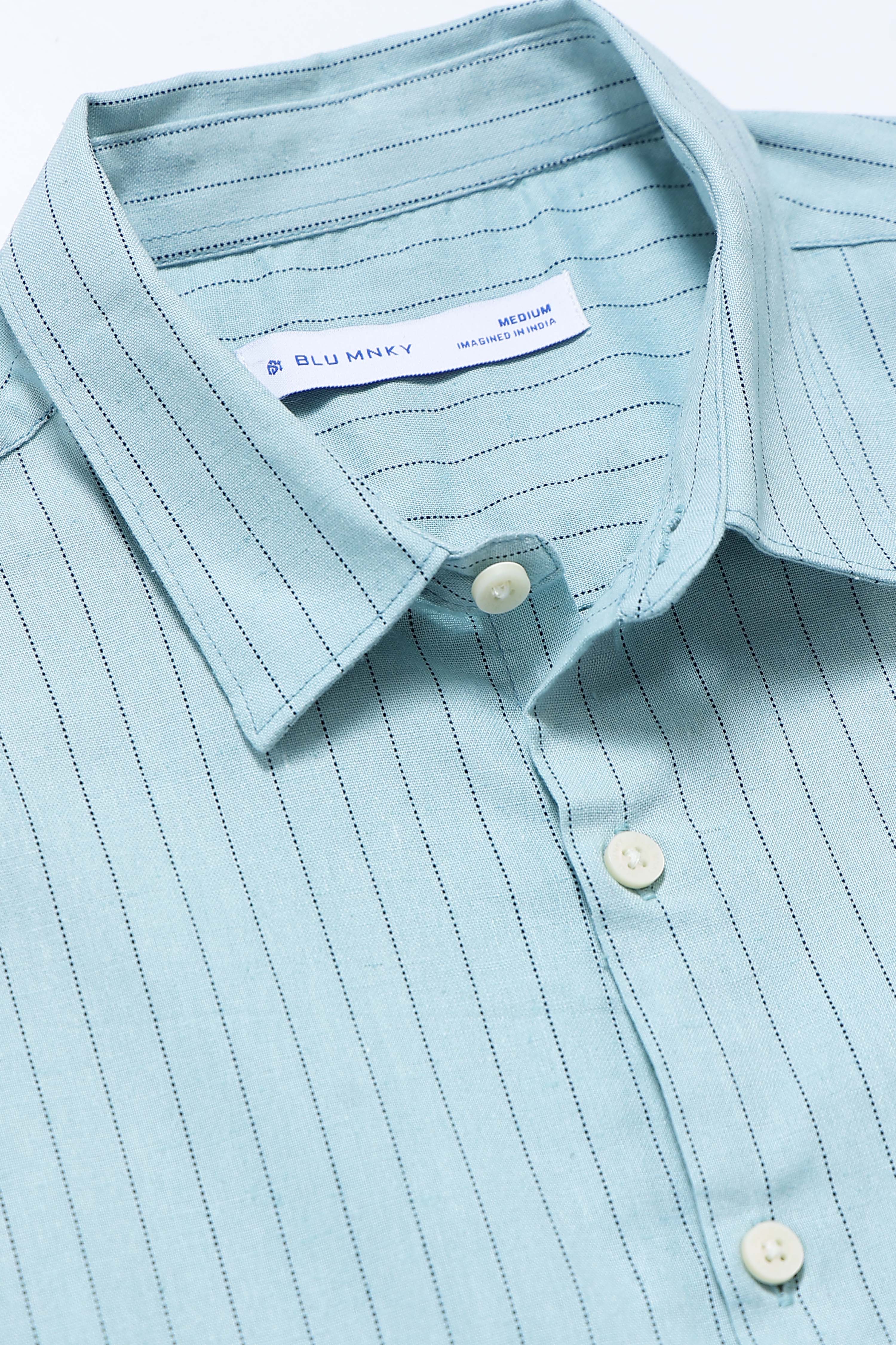 Men Blue Cotton Linen Striped Shirt