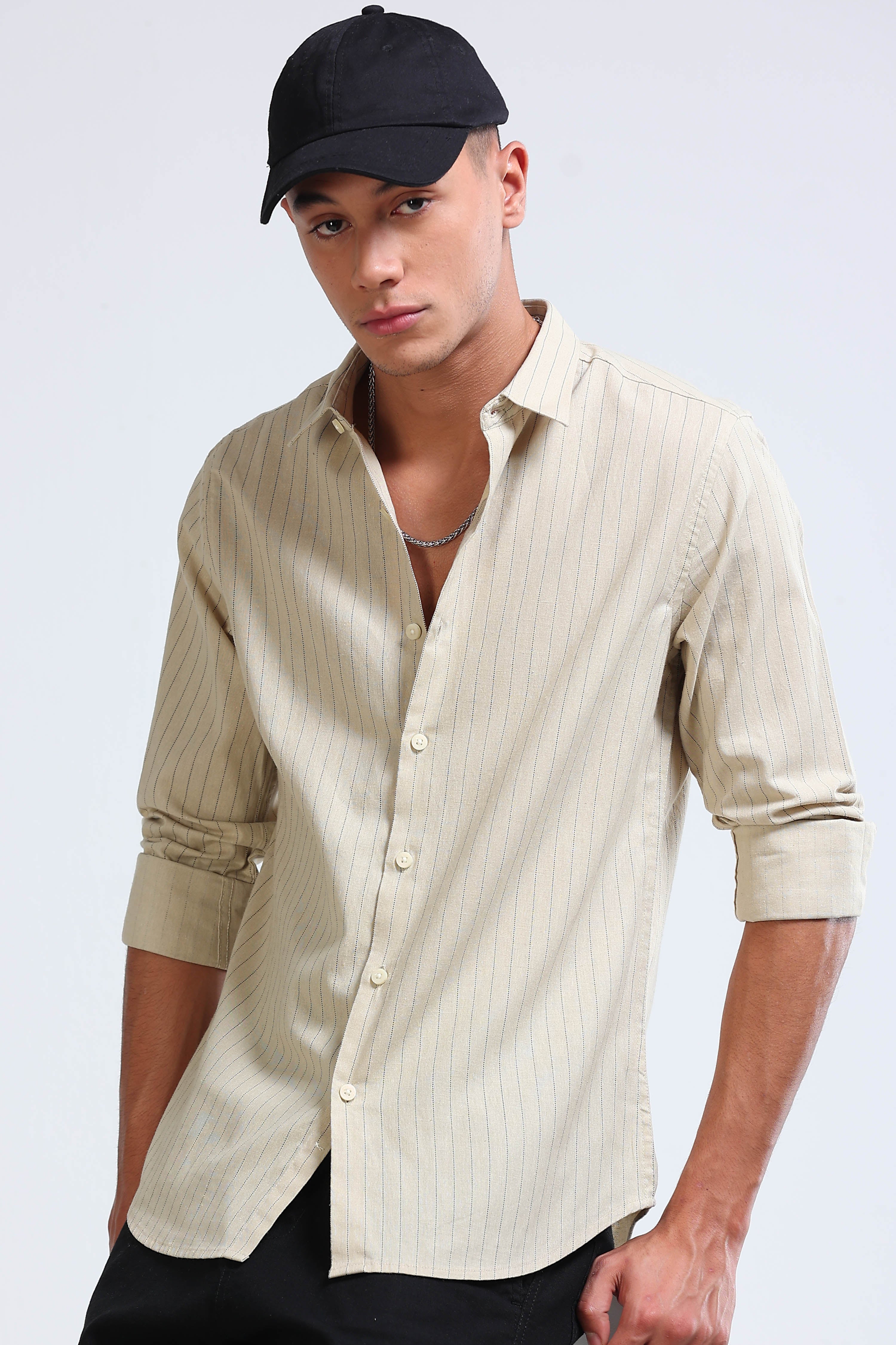 Men Beige Cotton Linen Striped Shirt