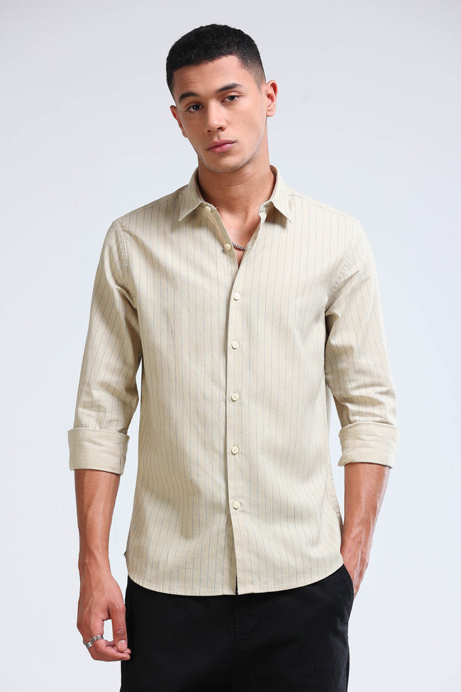 Men Beige Cotton Linen Striped Shirt