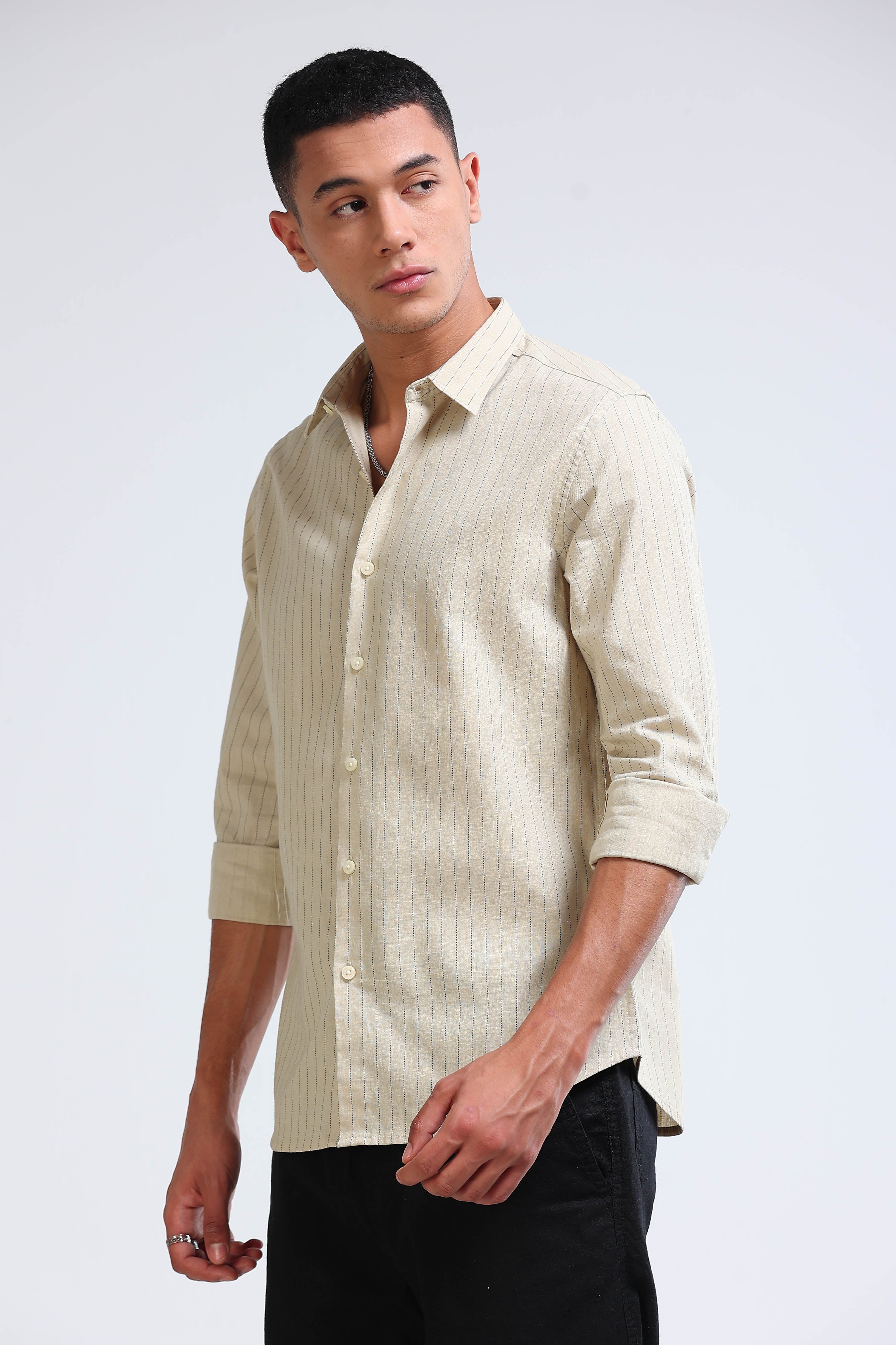 Men Beige Cotton Linen Striped Shirt
