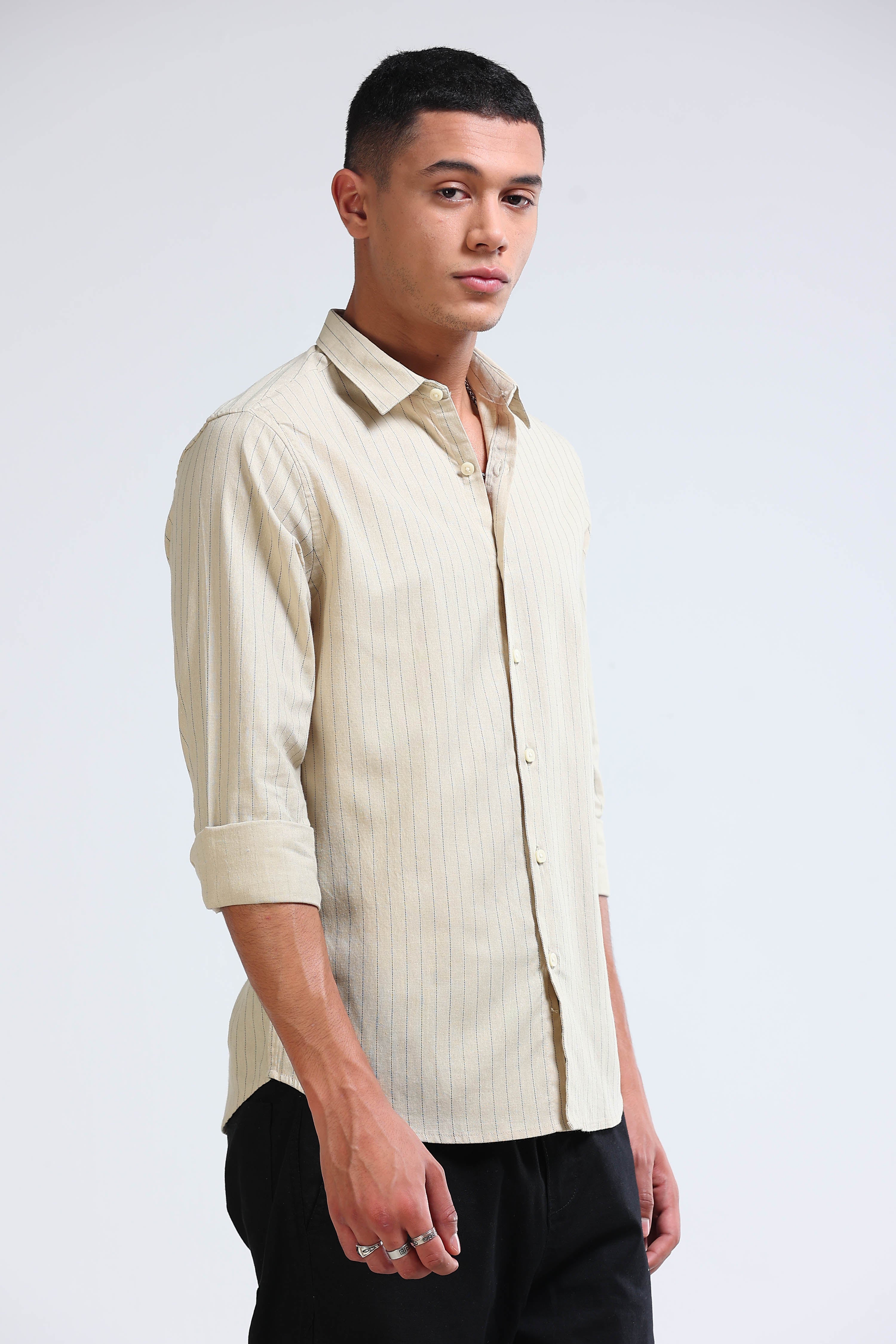 Men Beige Cotton Linen Striped Shirt