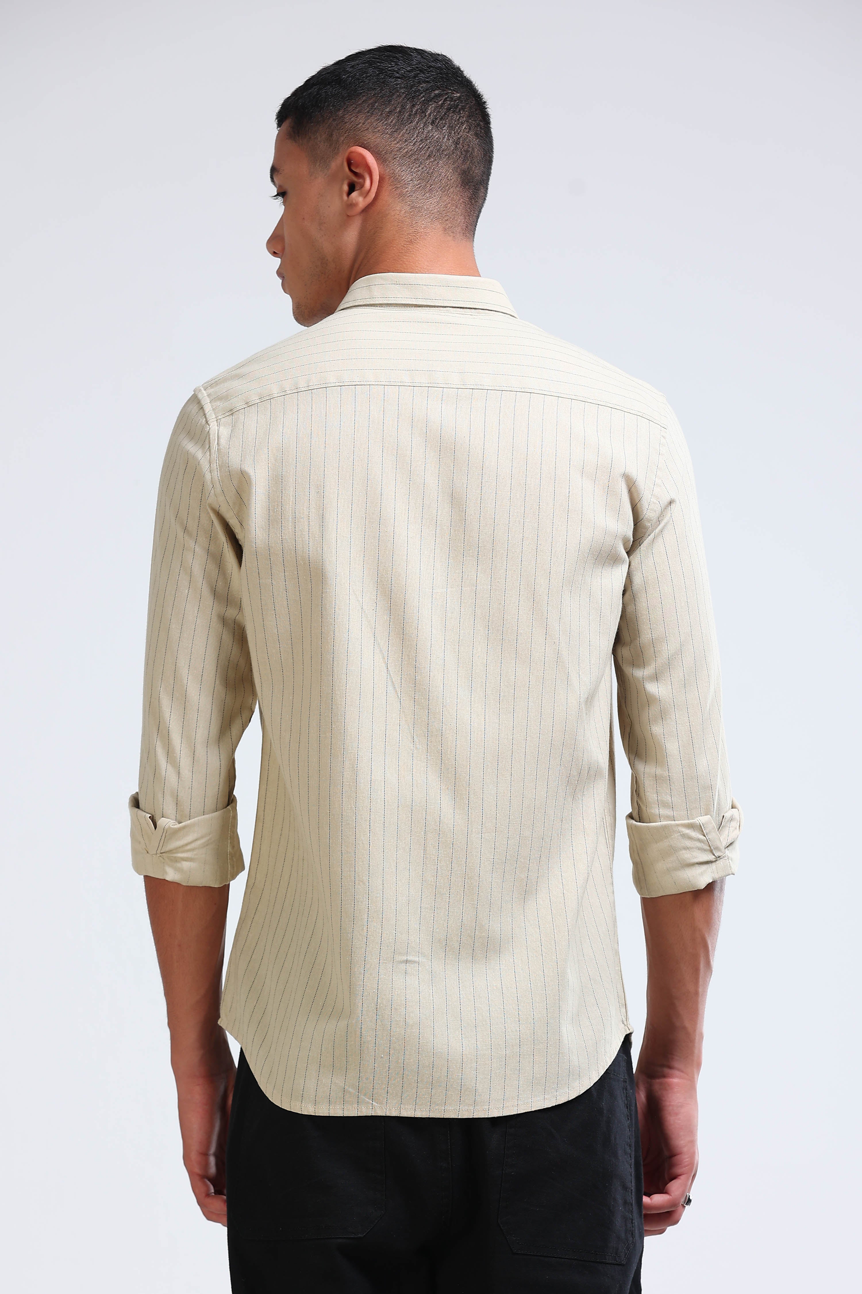 Men Beige Cotton Linen Striped Shirt