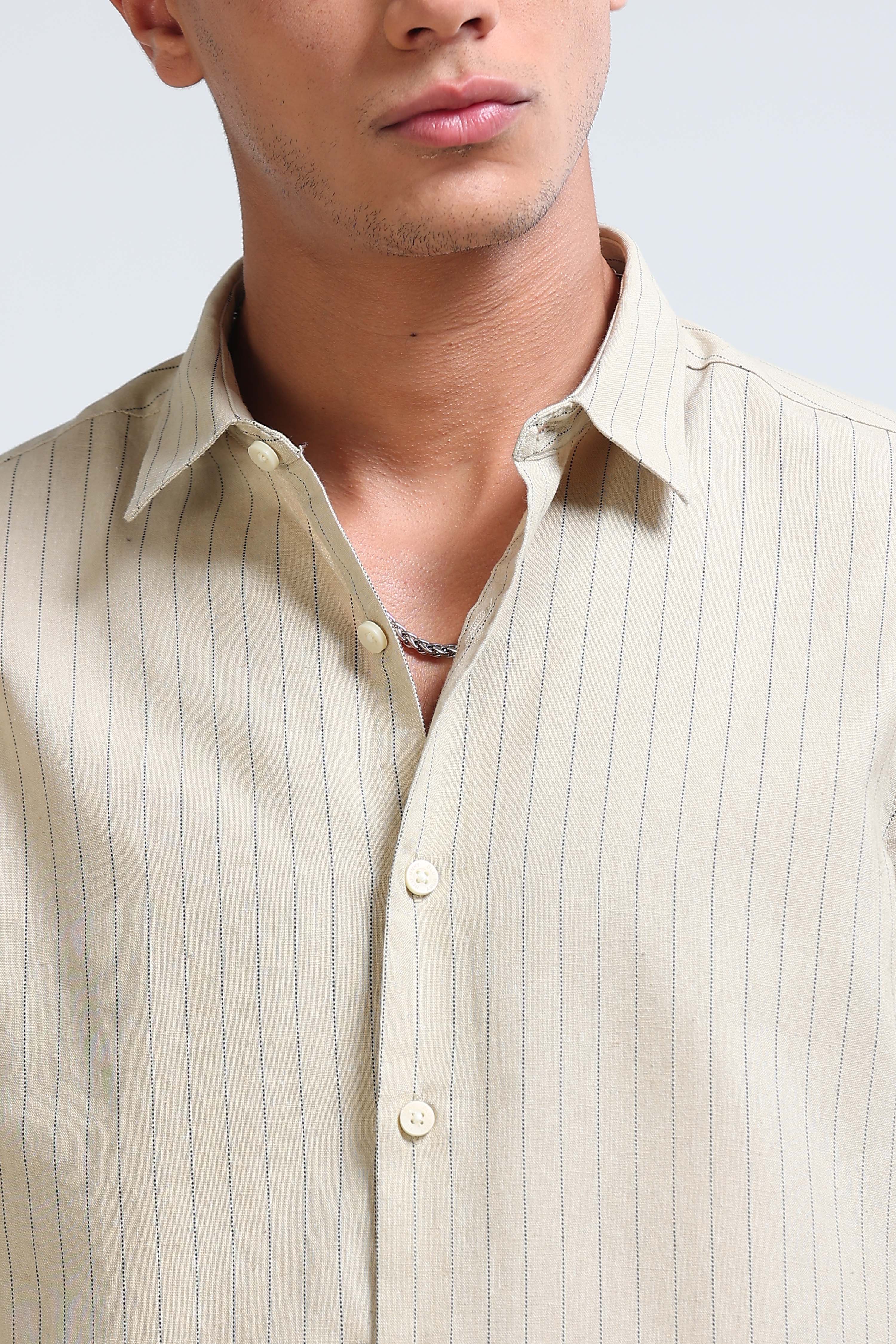 Men Beige Cotton Linen Striped Shirt