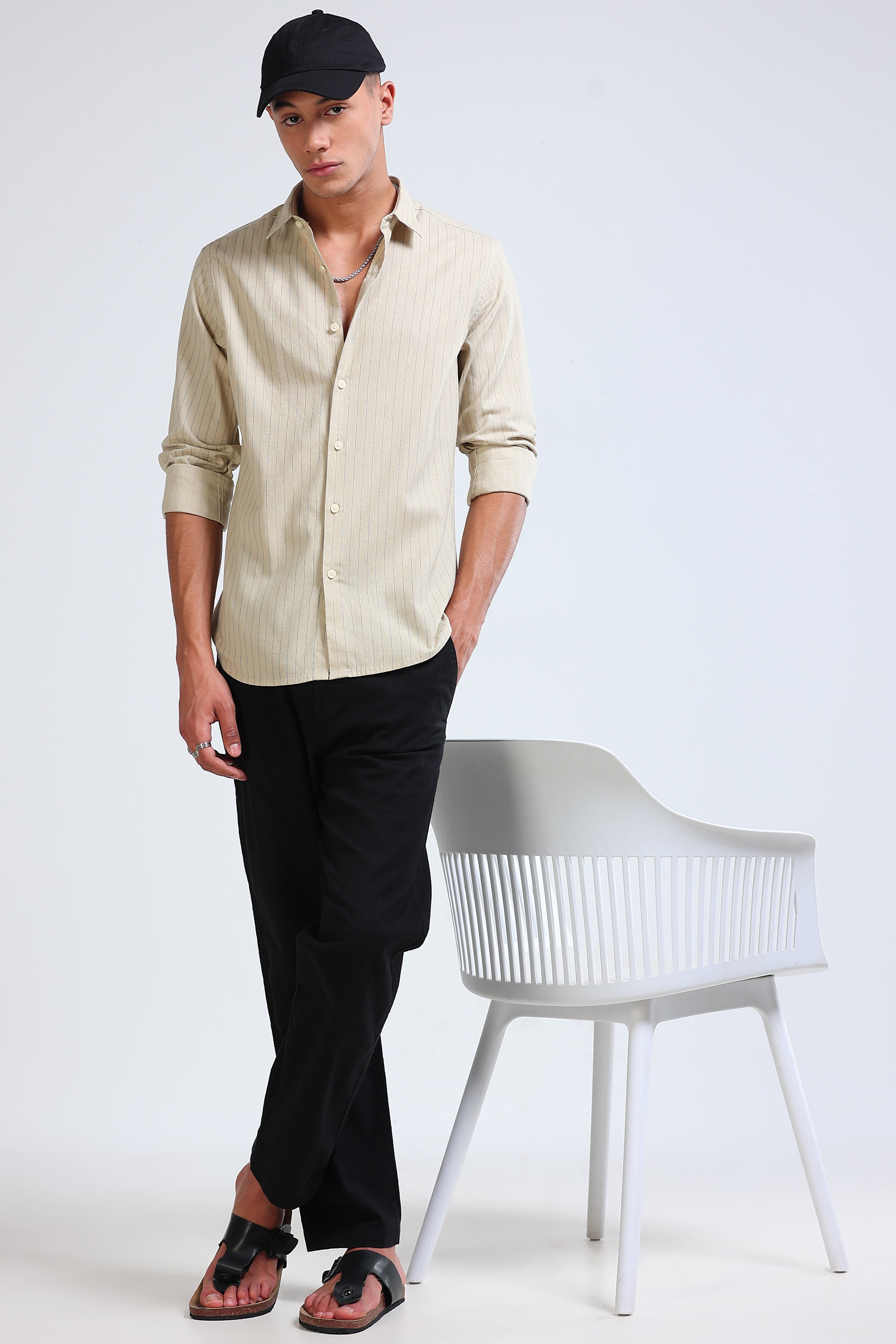 Men Beige Cotton Linen Striped Shirt