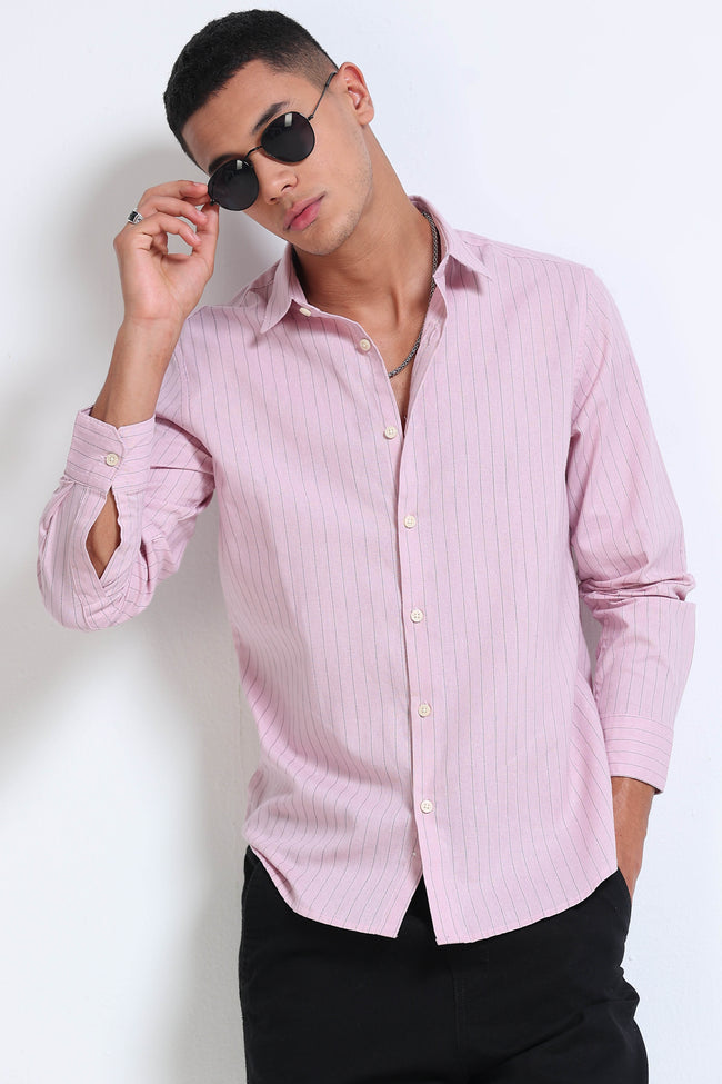 Men Pink Cotton Linen Striped Shirt
