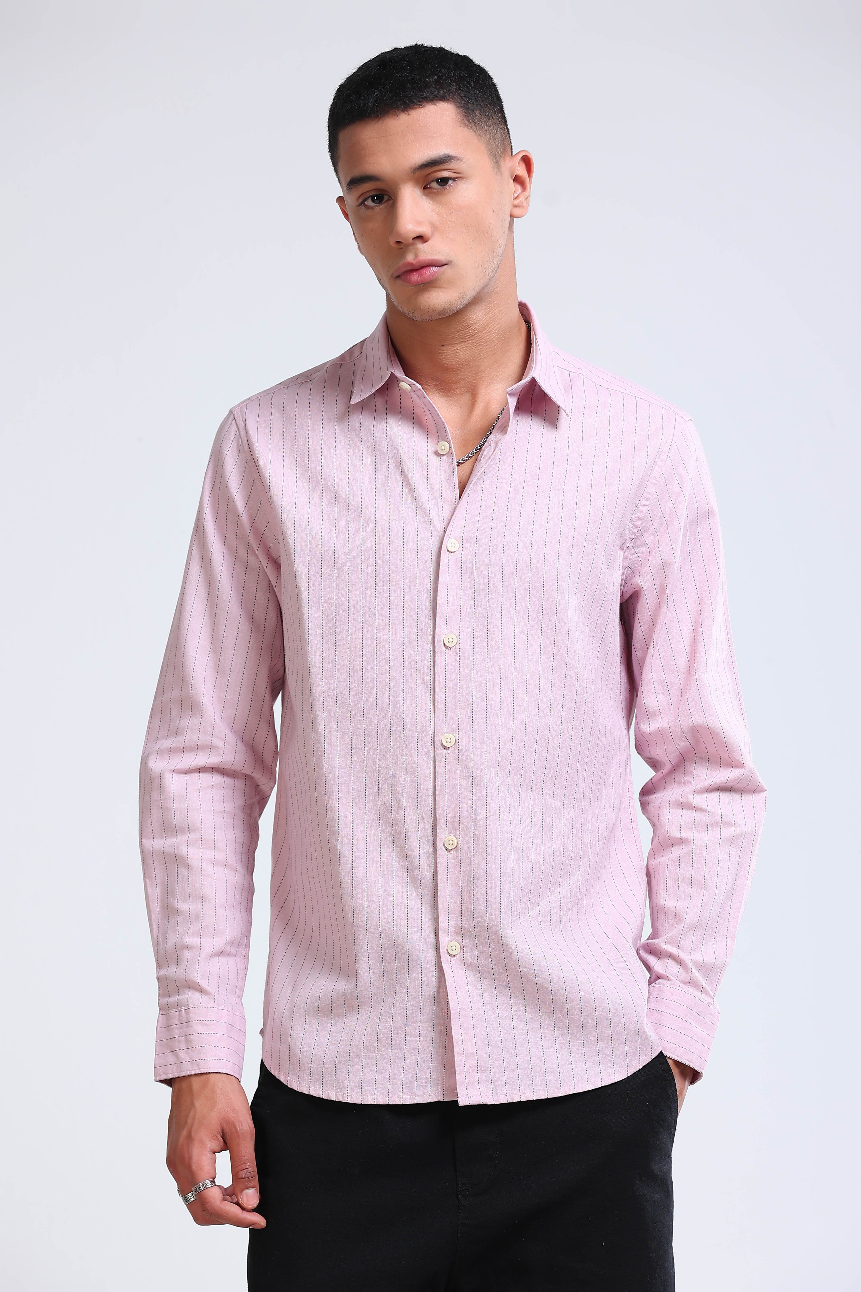 Men Pink Cotton Linen Striped Shirt