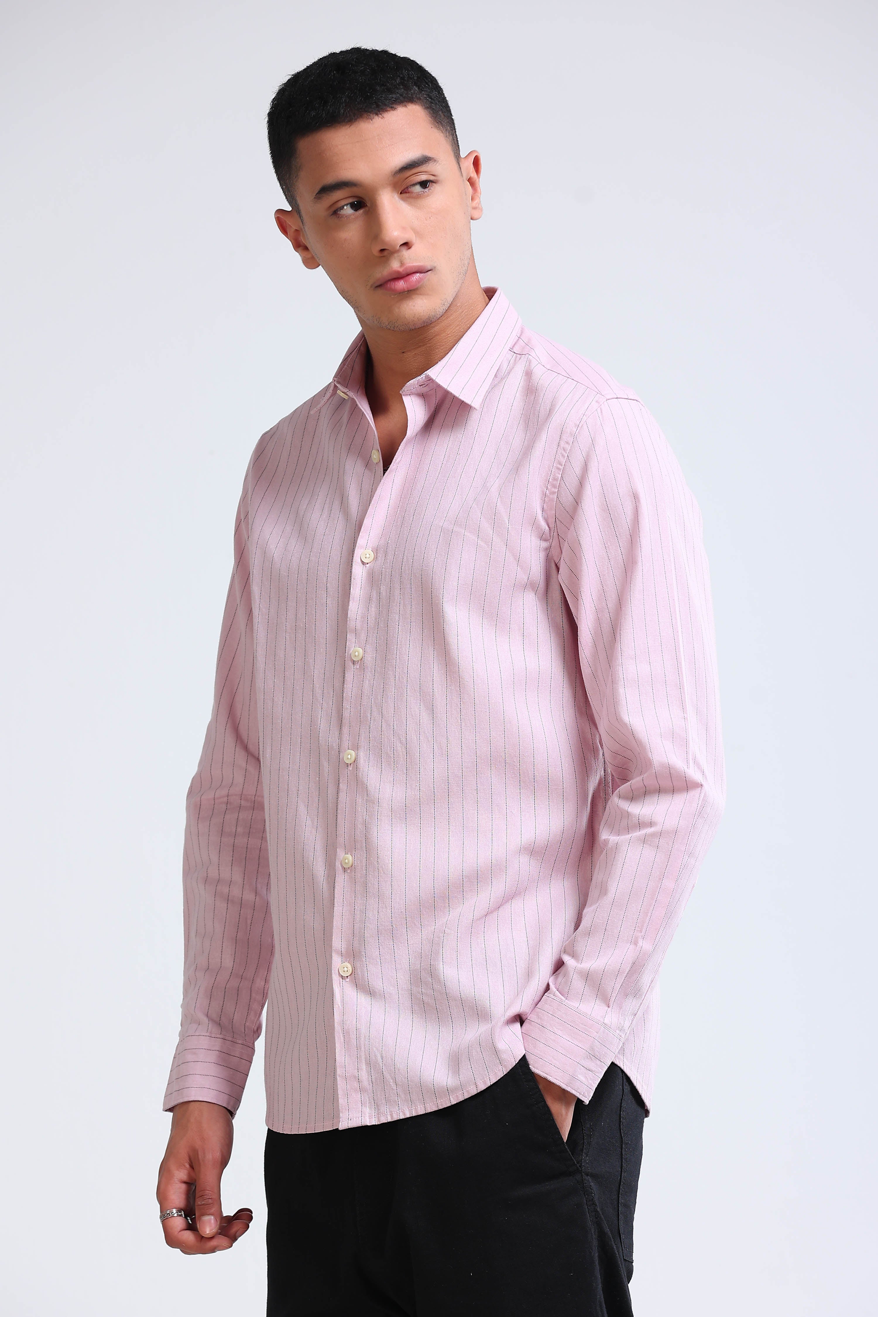 Men Pink Cotton Linen Striped Shirt