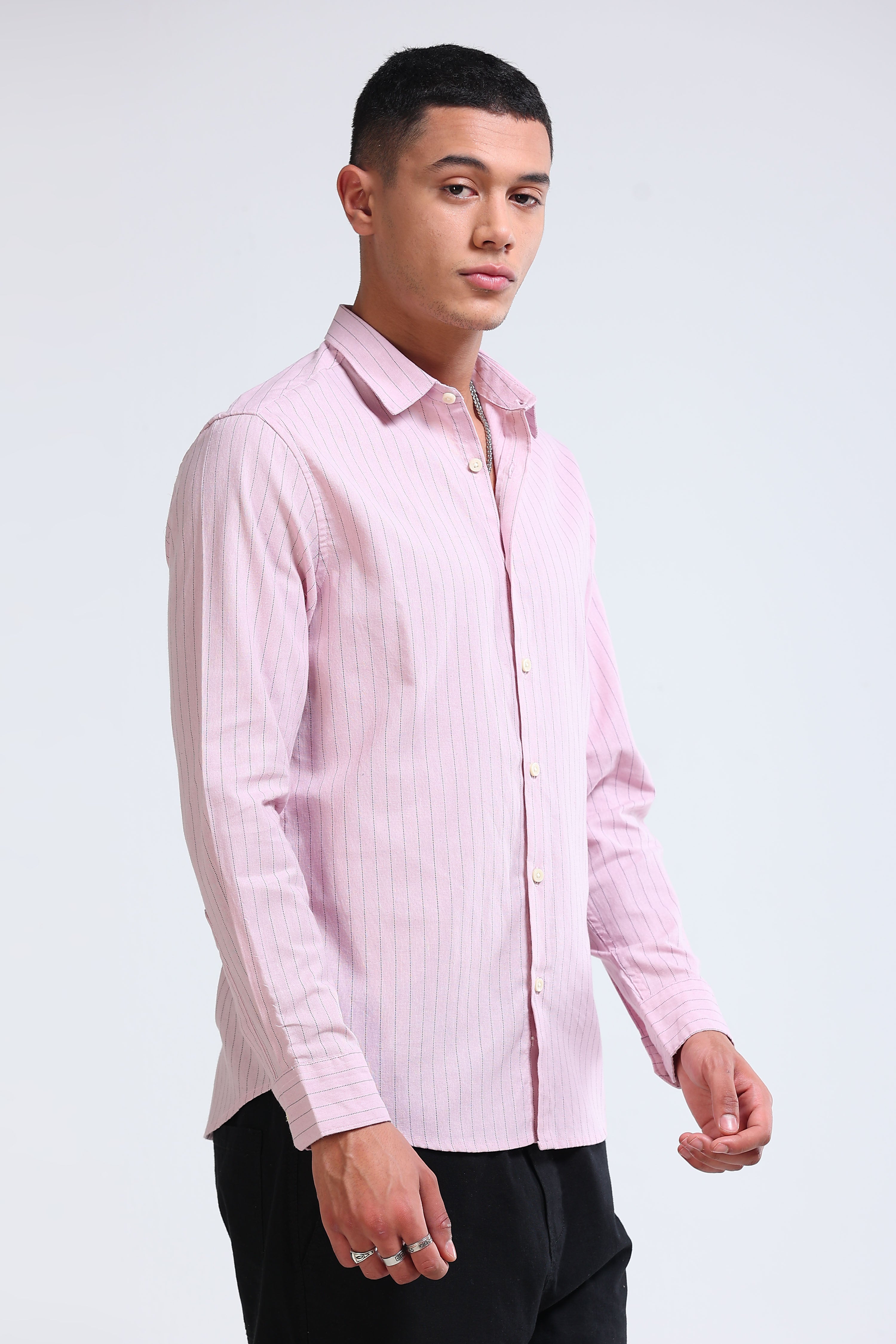 Men Pink Cotton Linen Striped Shirt