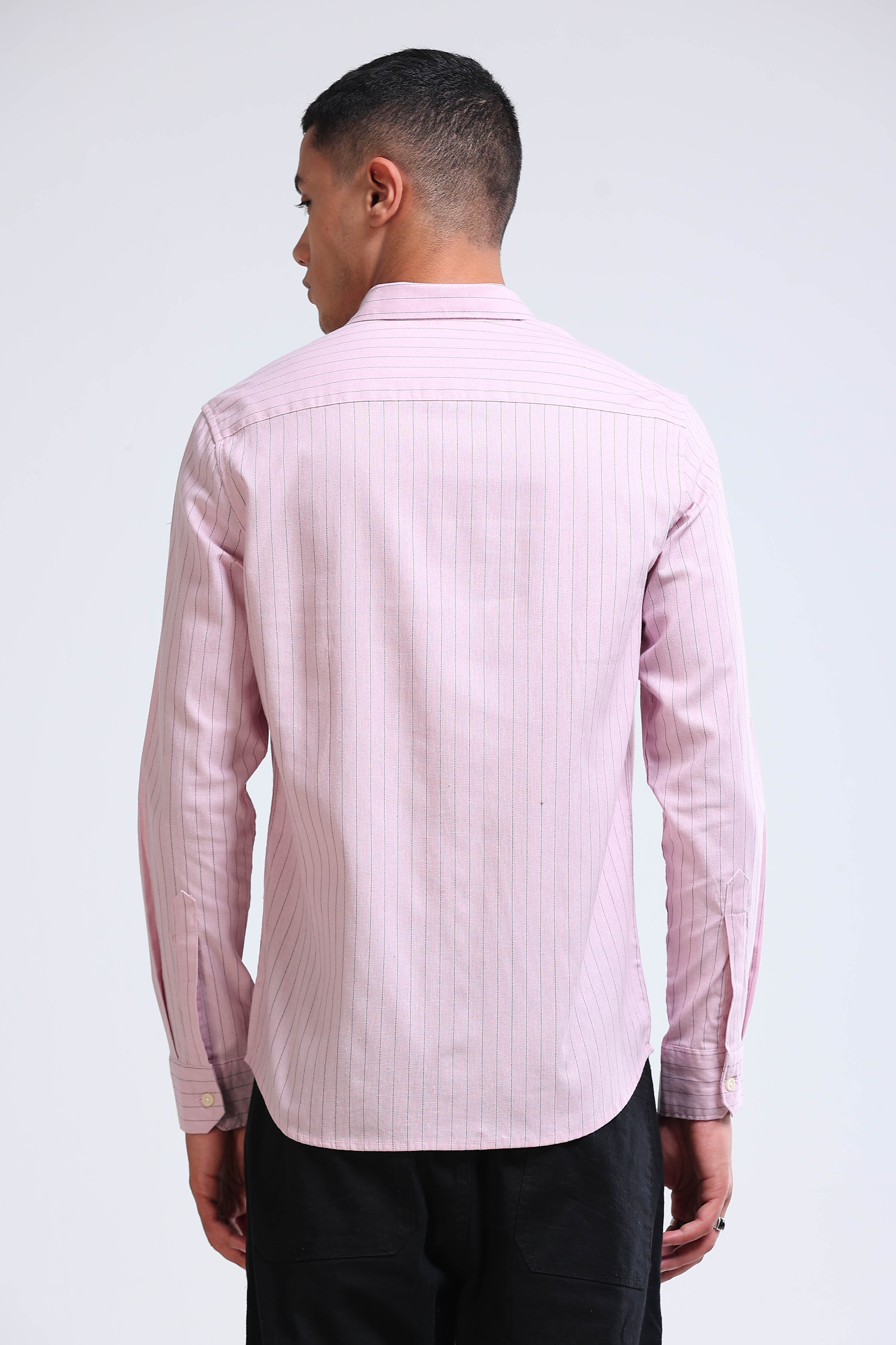 Men Pink Cotton Linen Striped Shirt
