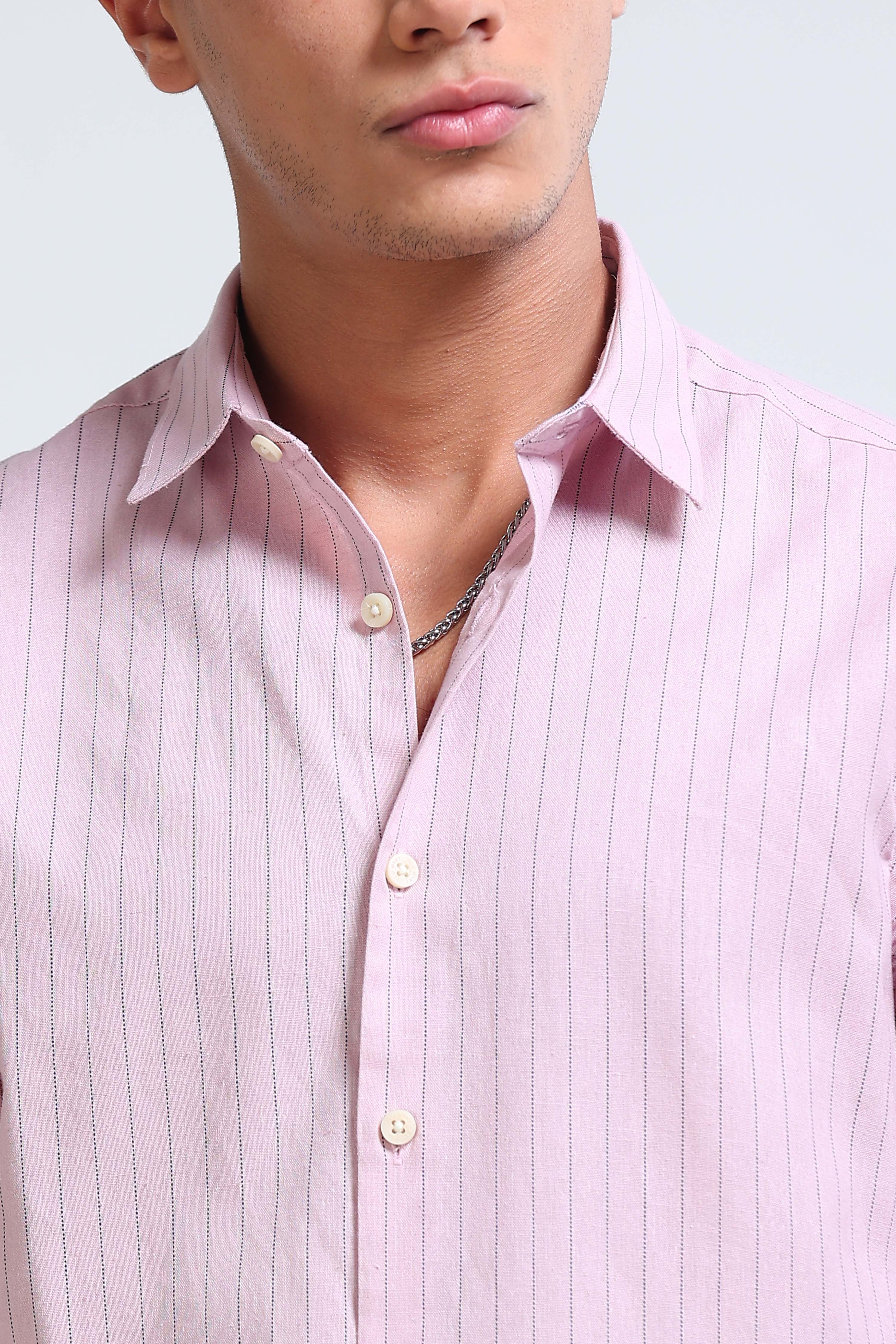Men Pink Cotton Linen Striped Shirt