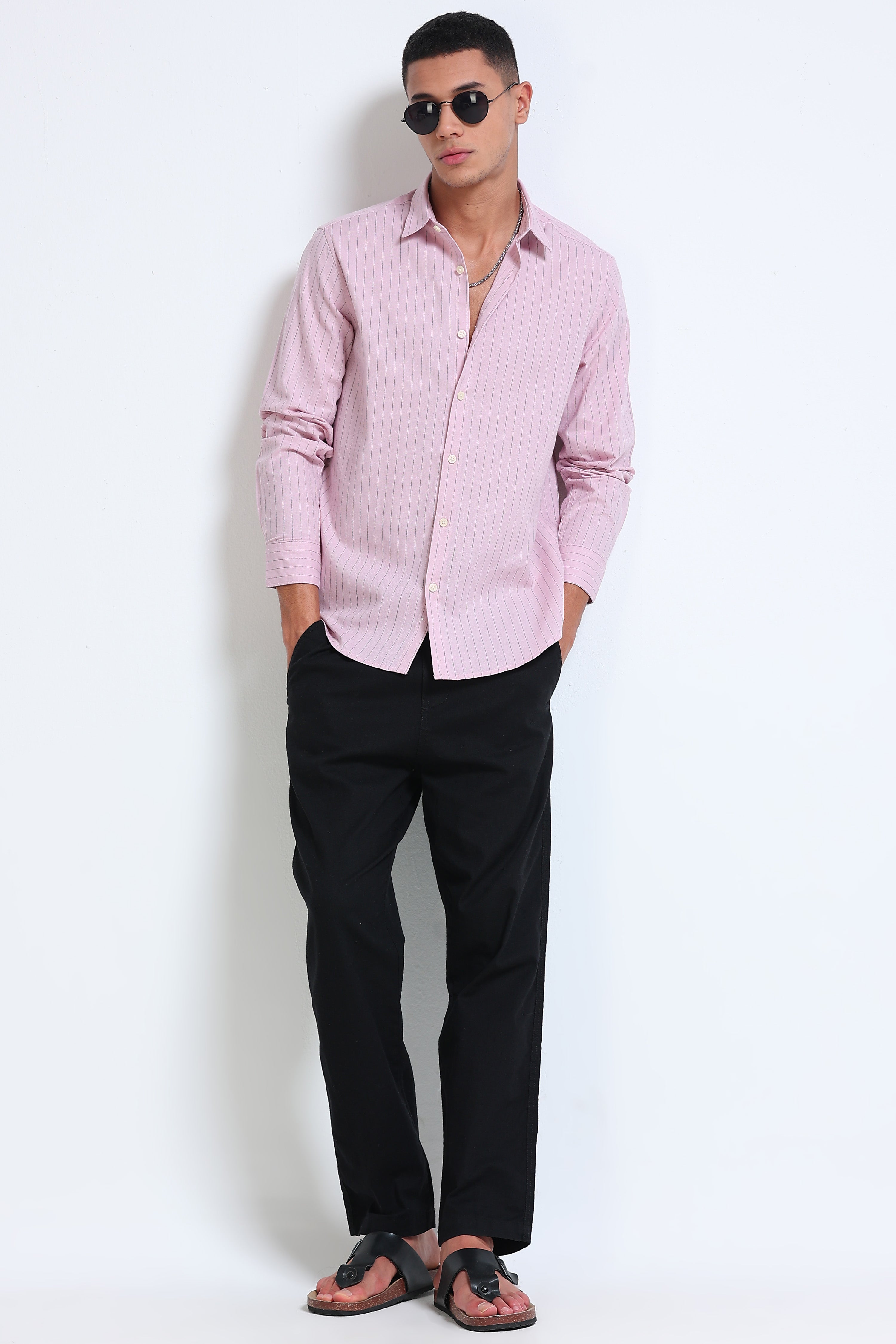 Men Pink Cotton Linen Striped Shirt